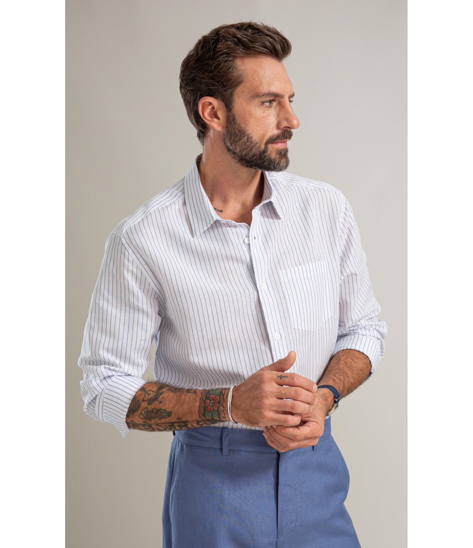 Camisa Linho Blend Listrado Theo Ml Azul Bic