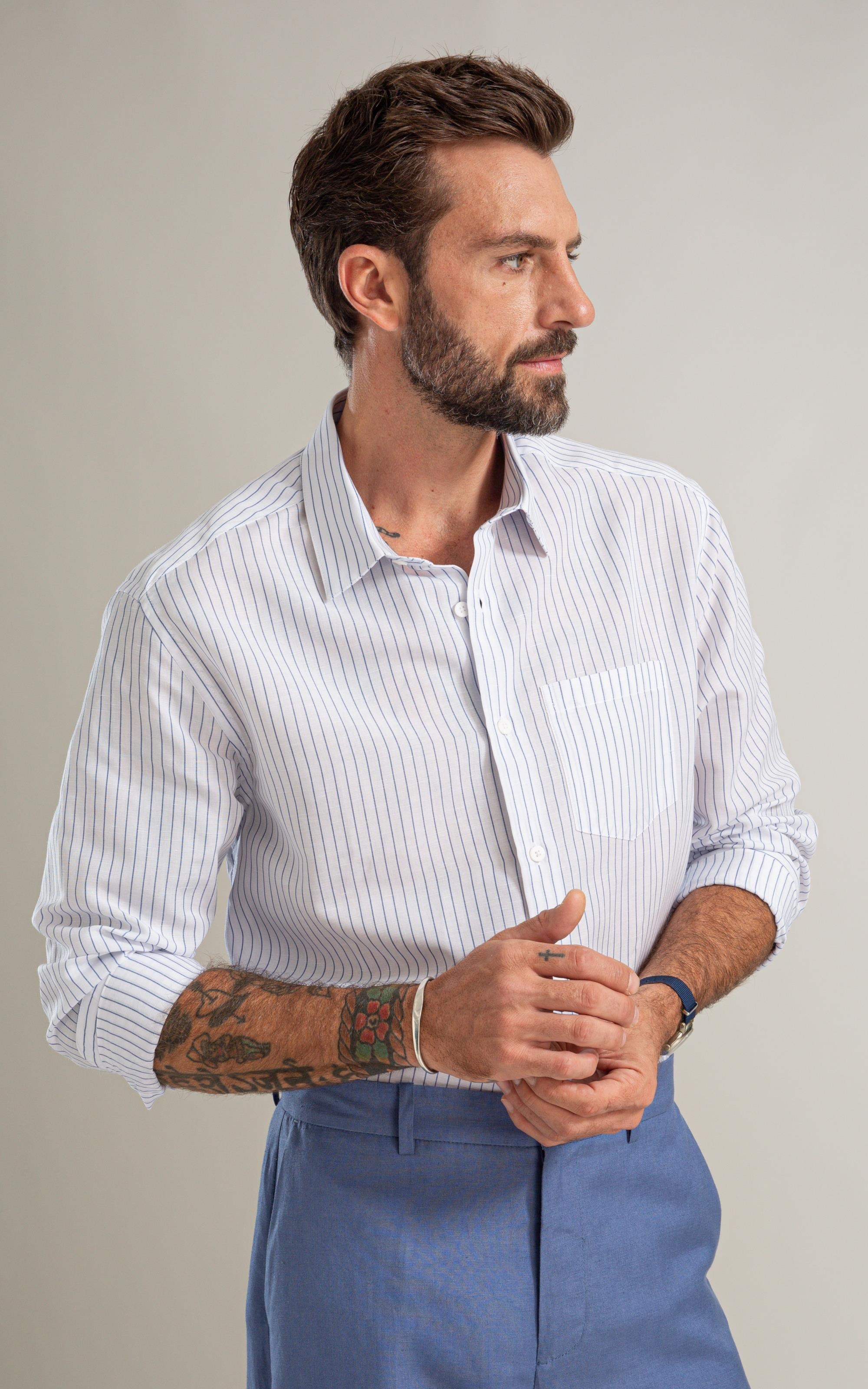 Camisa Linho Blend Listrado Theo Ml Azul Bic