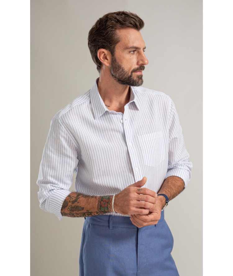 Camisa Linho Blend Listrado Theo Ml Azul Bic