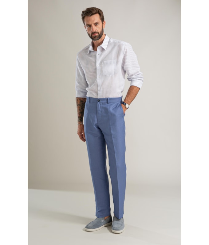 Camisa Linho Blend Listrado Theo Ml Azul Bic