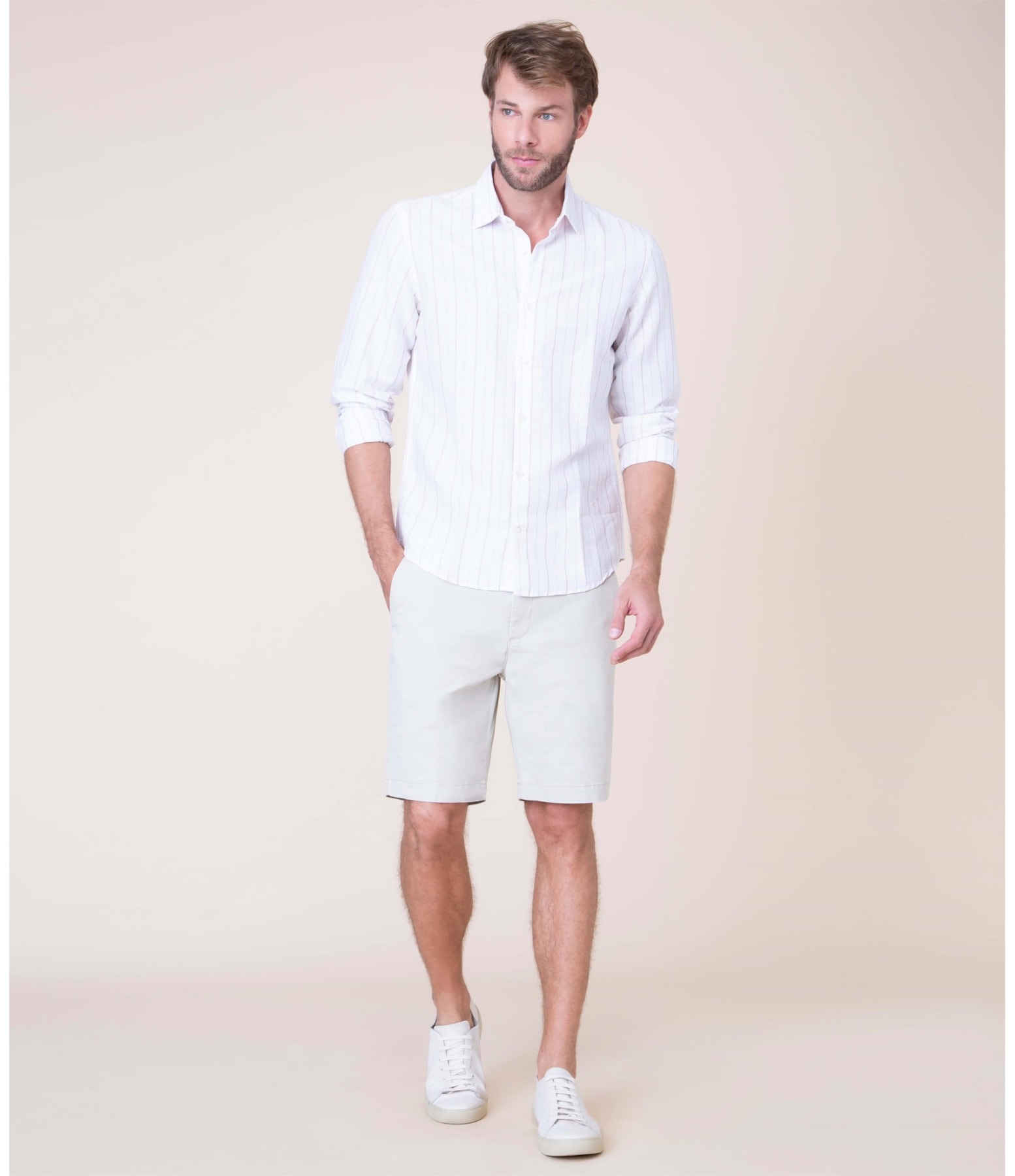 Camisa Linho  Caetano Listrada Ml Caqui