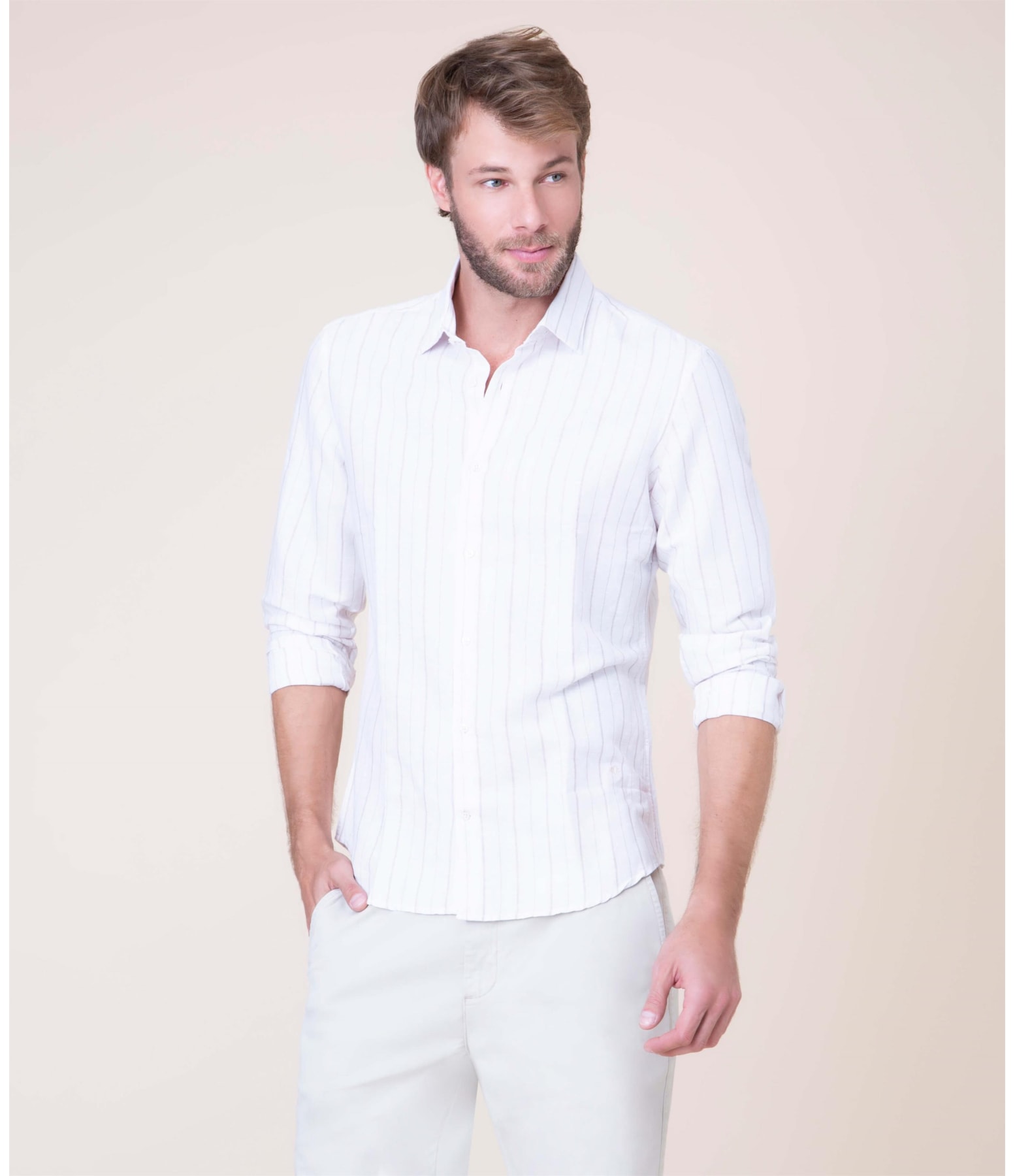 Camisa Linho  Caetano Listrada Ml Caqui
