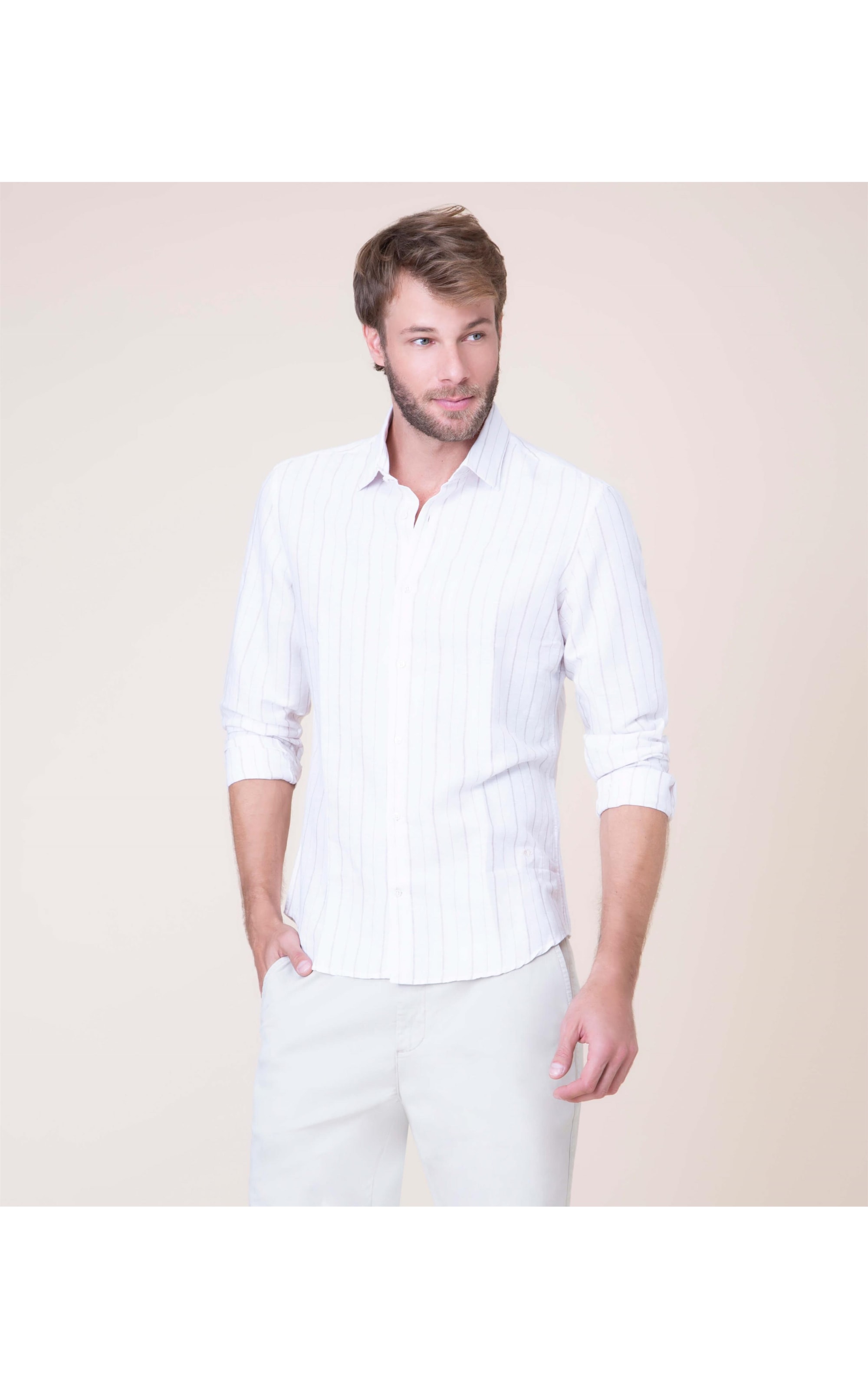 Camisa Linho  Caetano Listrada Ml Caqui