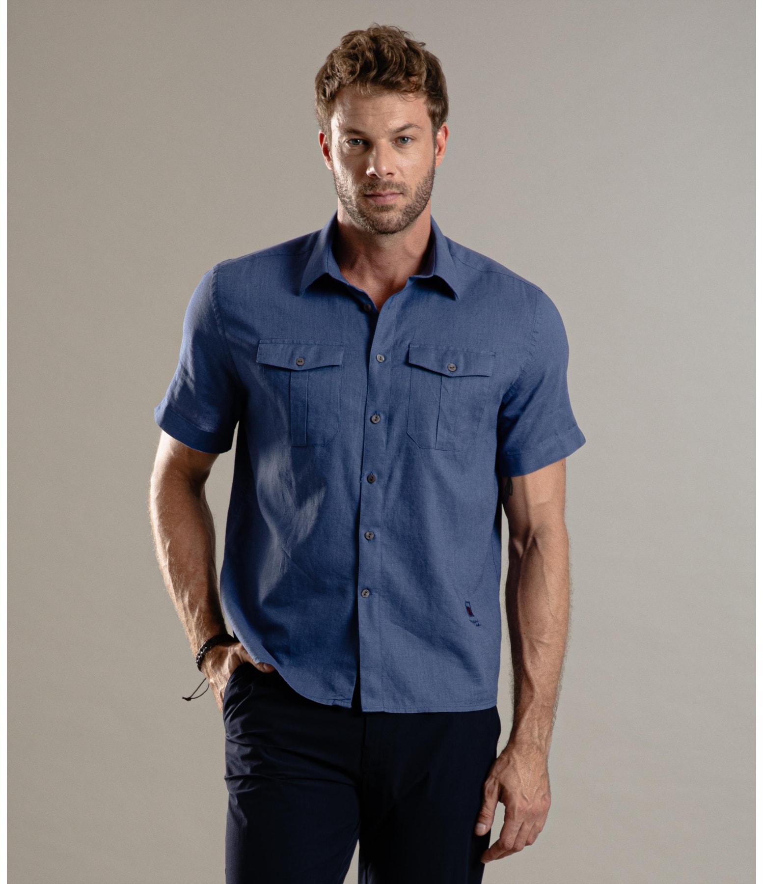Camisa Linho  Cambraia  Pockets Mc Azul Jeans