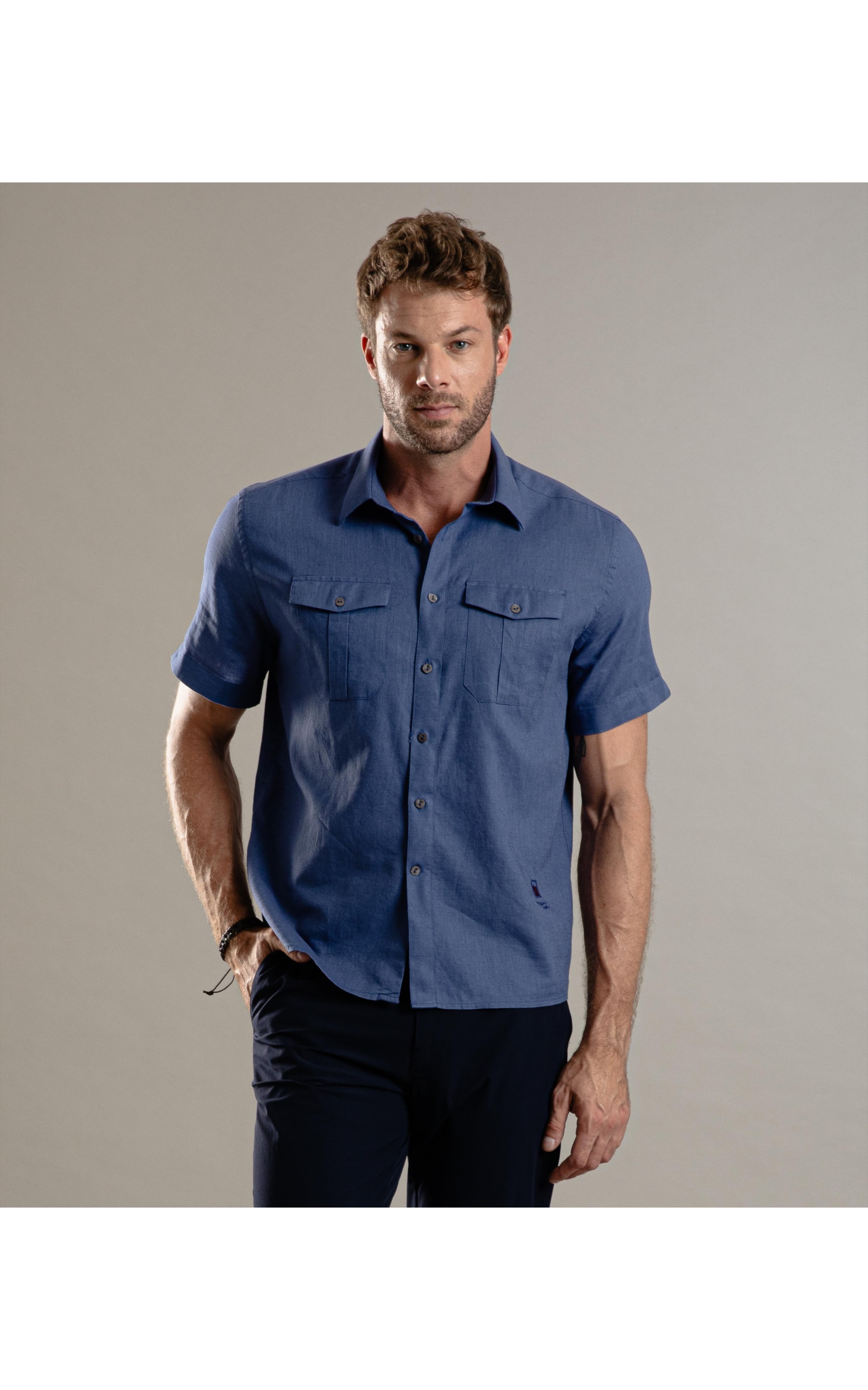 Camisa Linho  Cambraia  Pockets Mc Azul Jeans