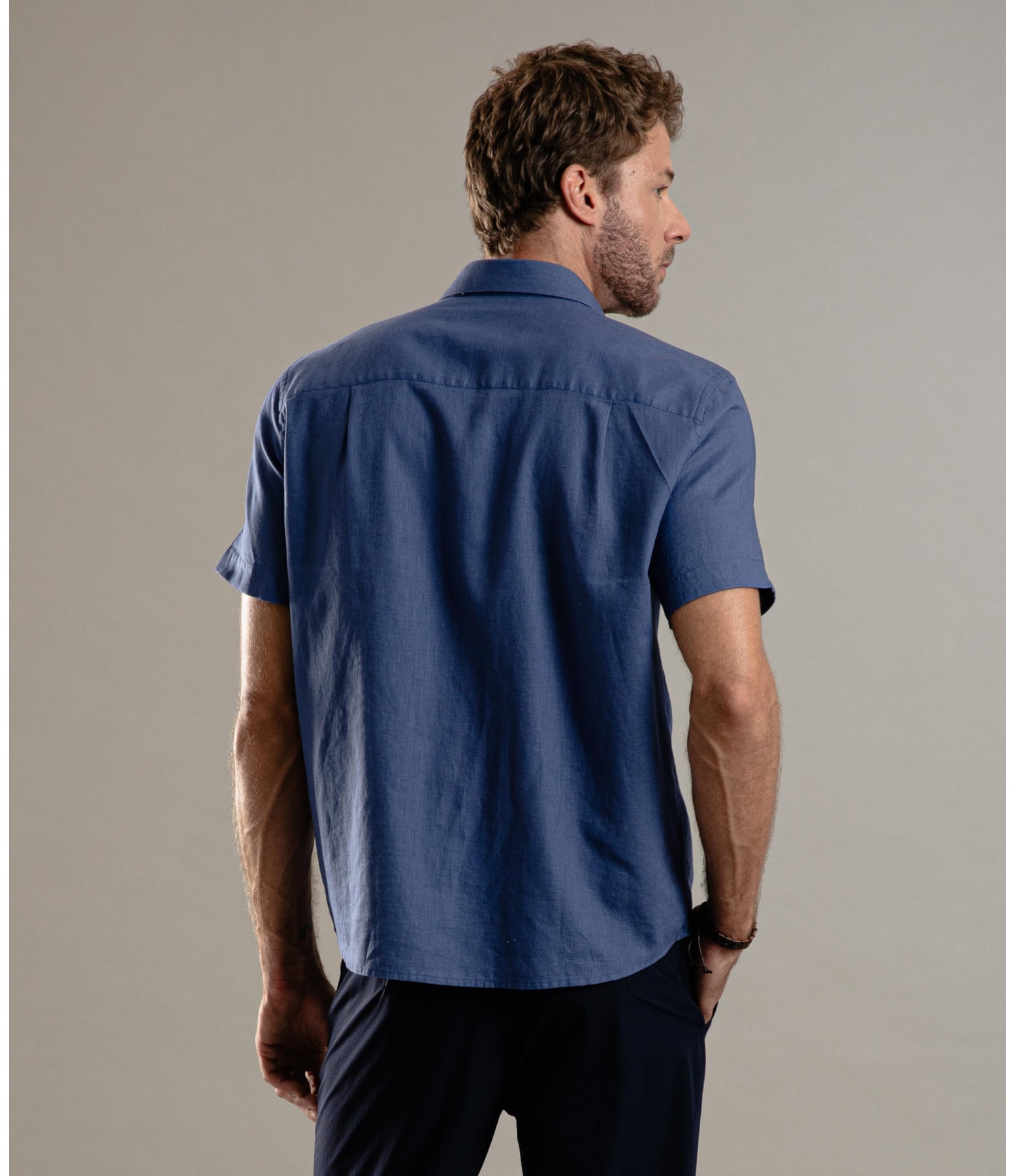 Camisa Linho  Cambraia  Pockets Mc Azul Jeans