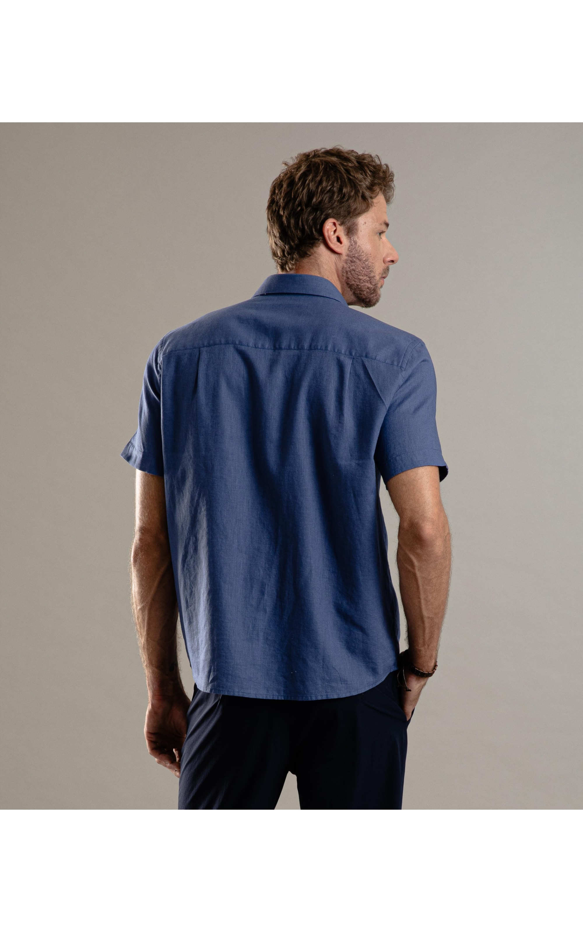 Camisa Linho  Cambraia  Pockets Mc Azul Jeans
