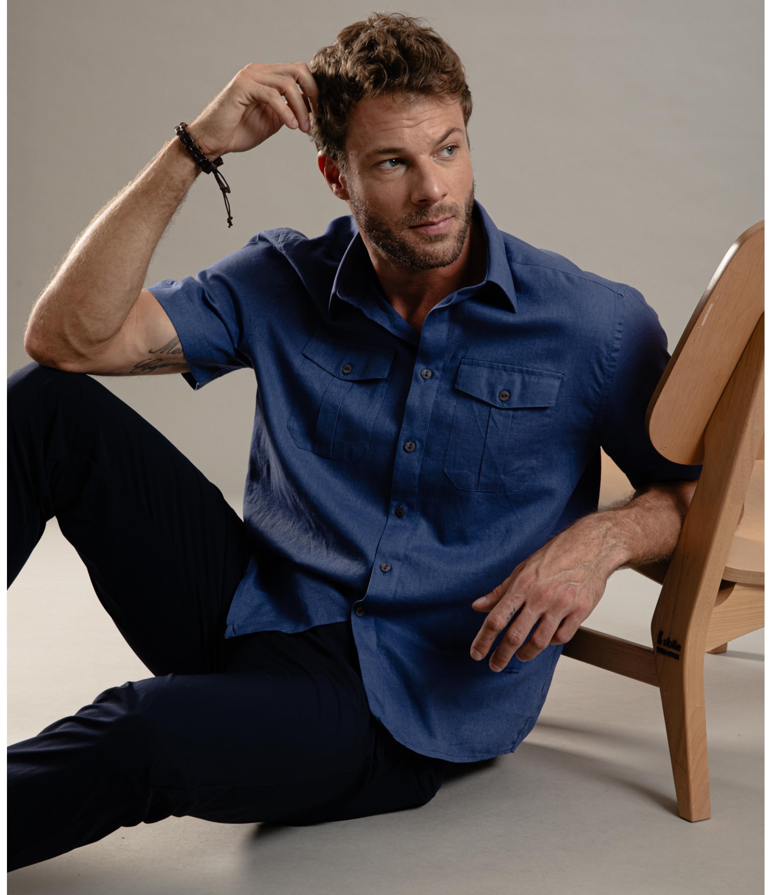 Camisa Linho  Cambraia  Pockets Mc Azul Jeans