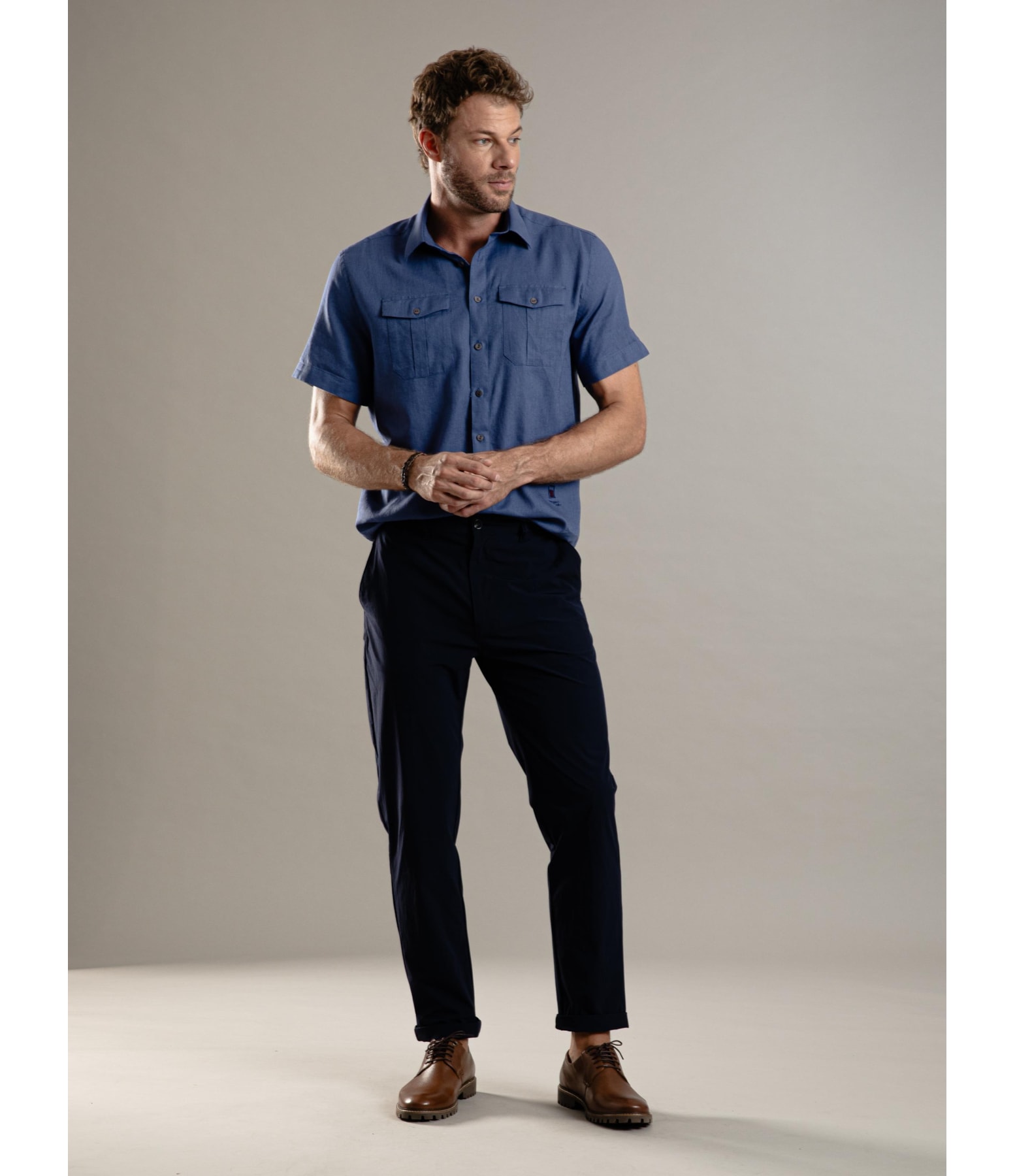 Camisa Linho  Cambraia  Pockets Mc Azul Jeans