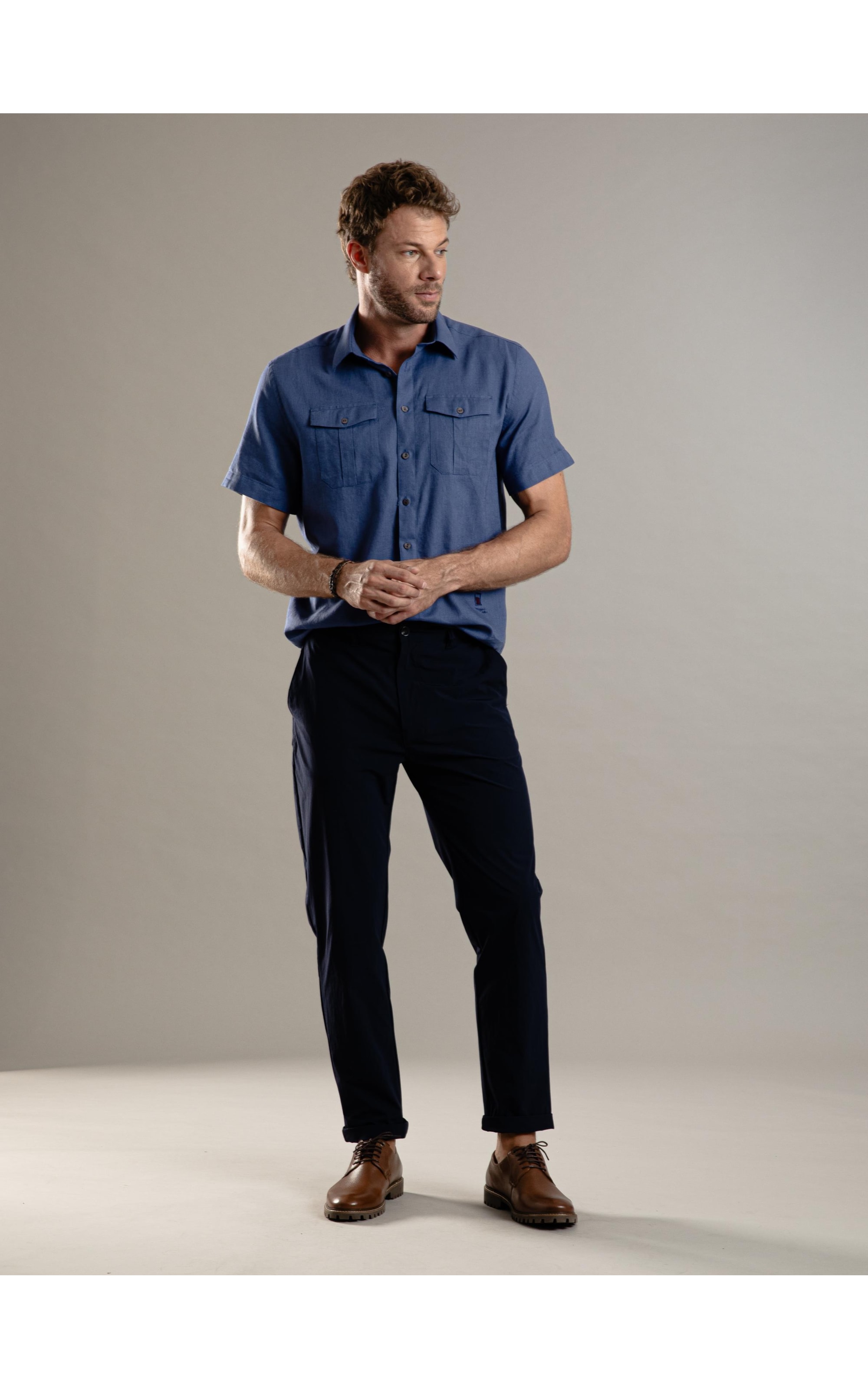 Camisa Linho  Cambraia  Pockets Mc Azul Jeans