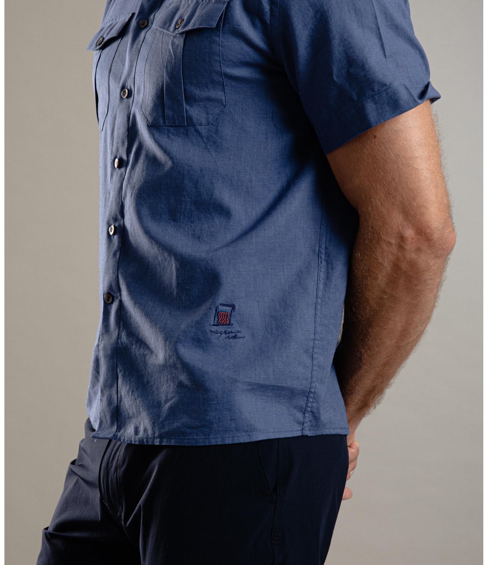 Camisa Linho  Cambraia  Pockets Mc Azul Jeans