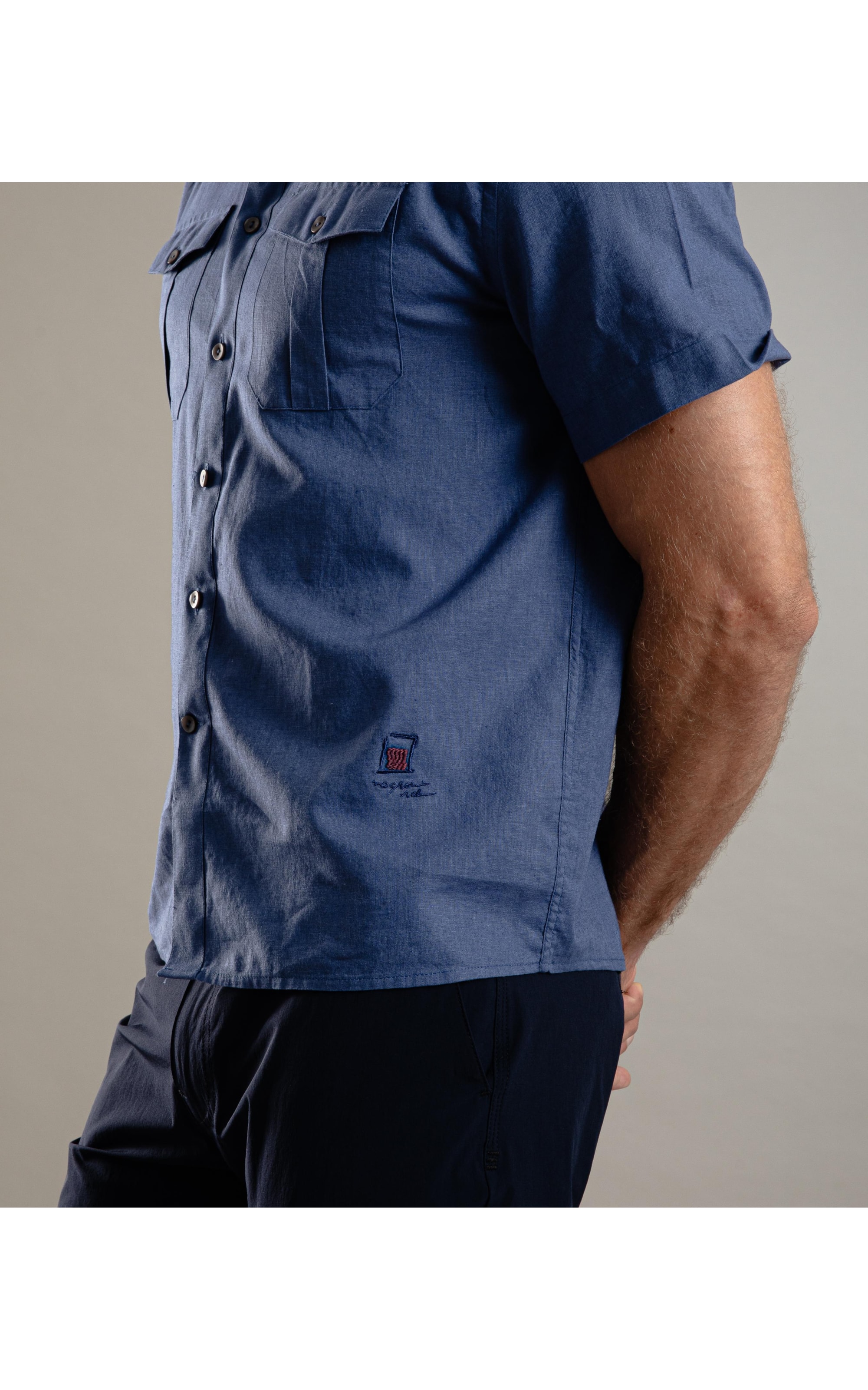 Camisa Linho  Cambraia  Pockets Mc Azul Jeans