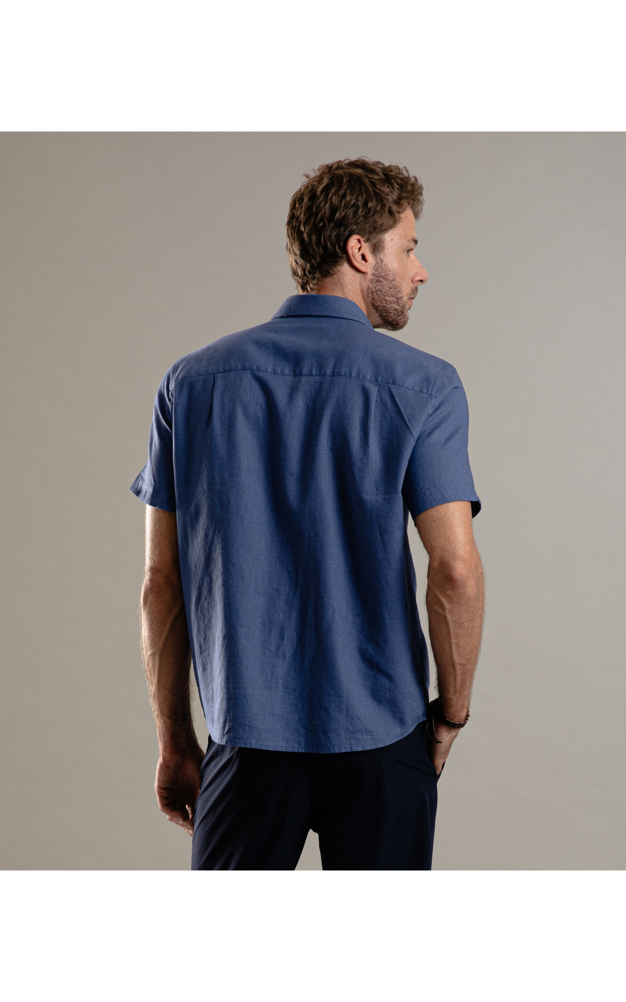 Camisa Linho  Cambraia  Pockets Mc Azul Jeans