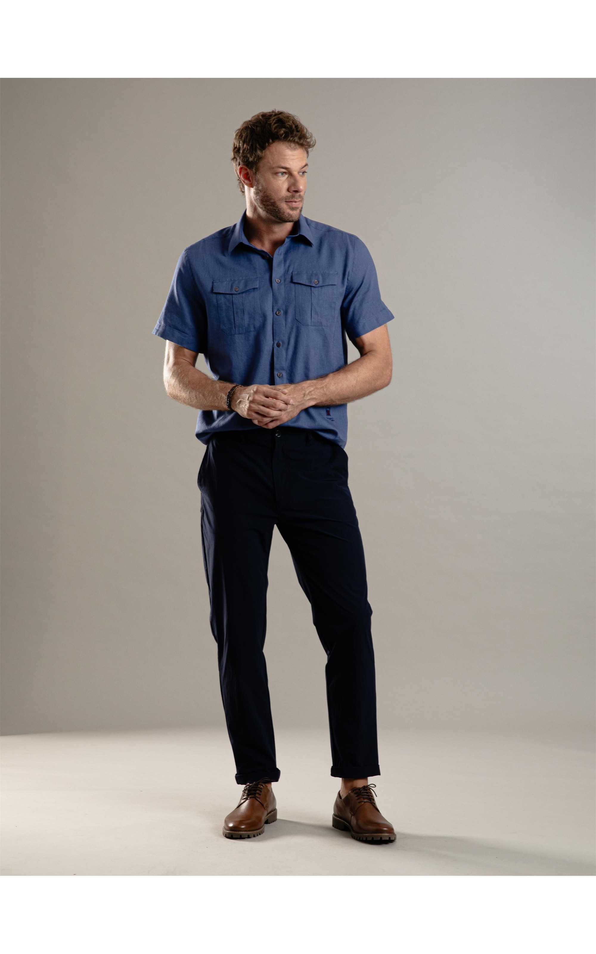 Camisa Linho  Cambraia  Pockets Mc Azul Jeans