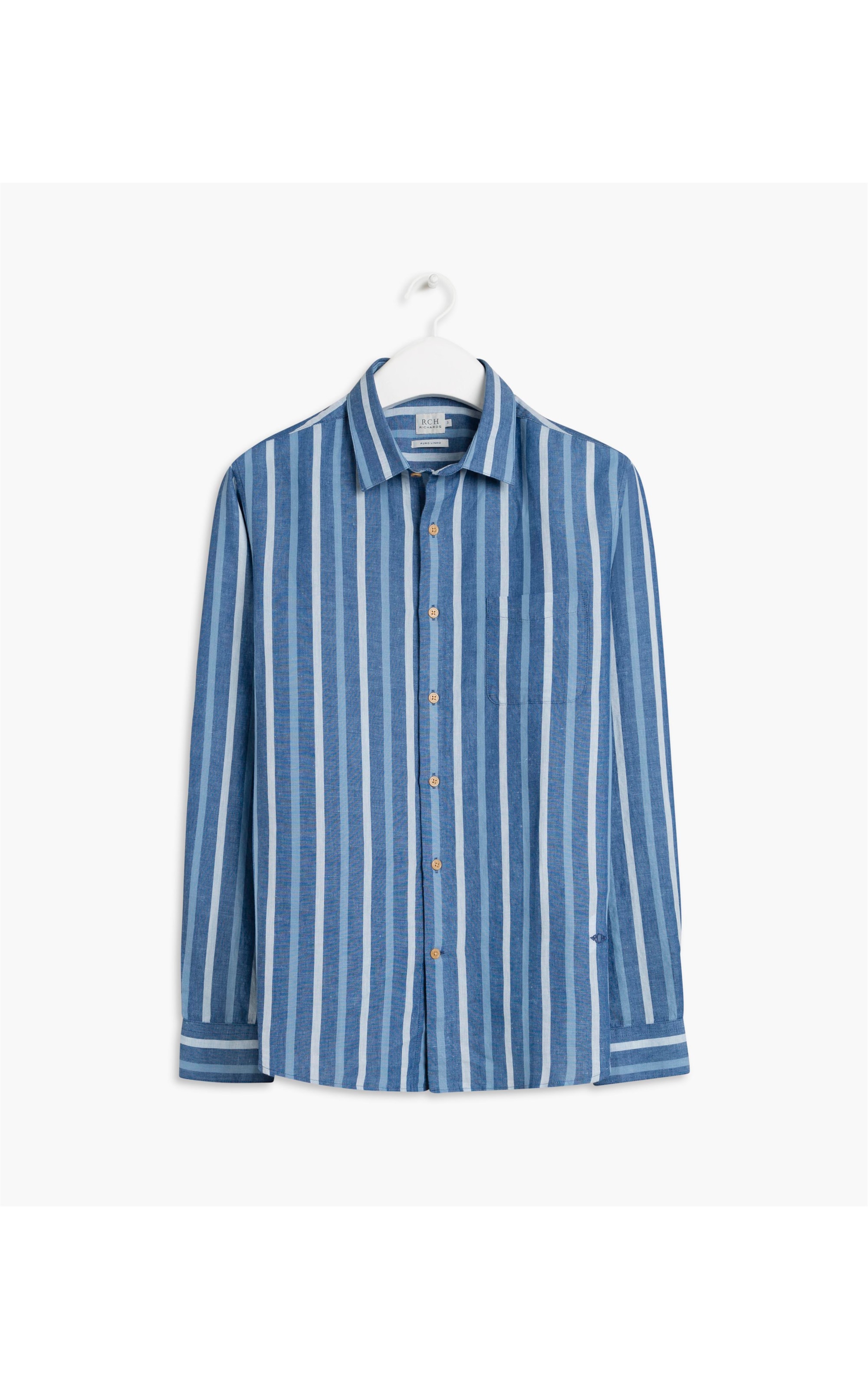 Camisa Linho Com  Algodao Listra Ml Azul
