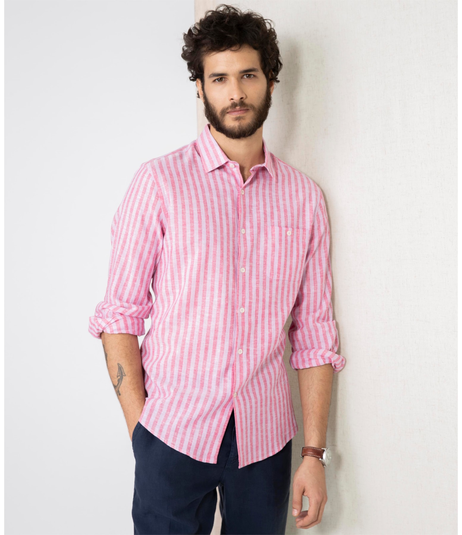 Camisa Linho Com Algodao Listrada Ml Rosa