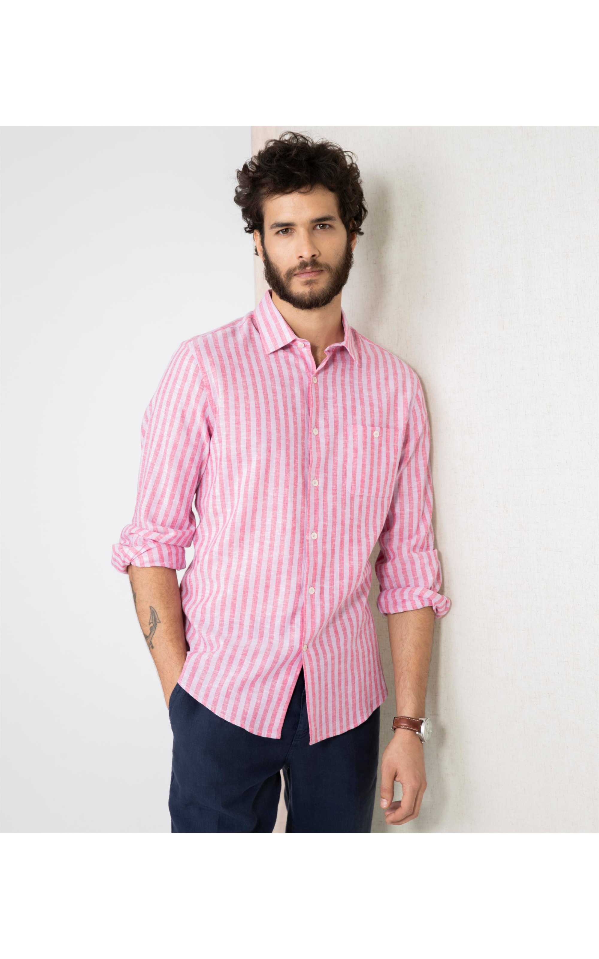 Camisa Linho Com Algodao Listrada Ml Rosa