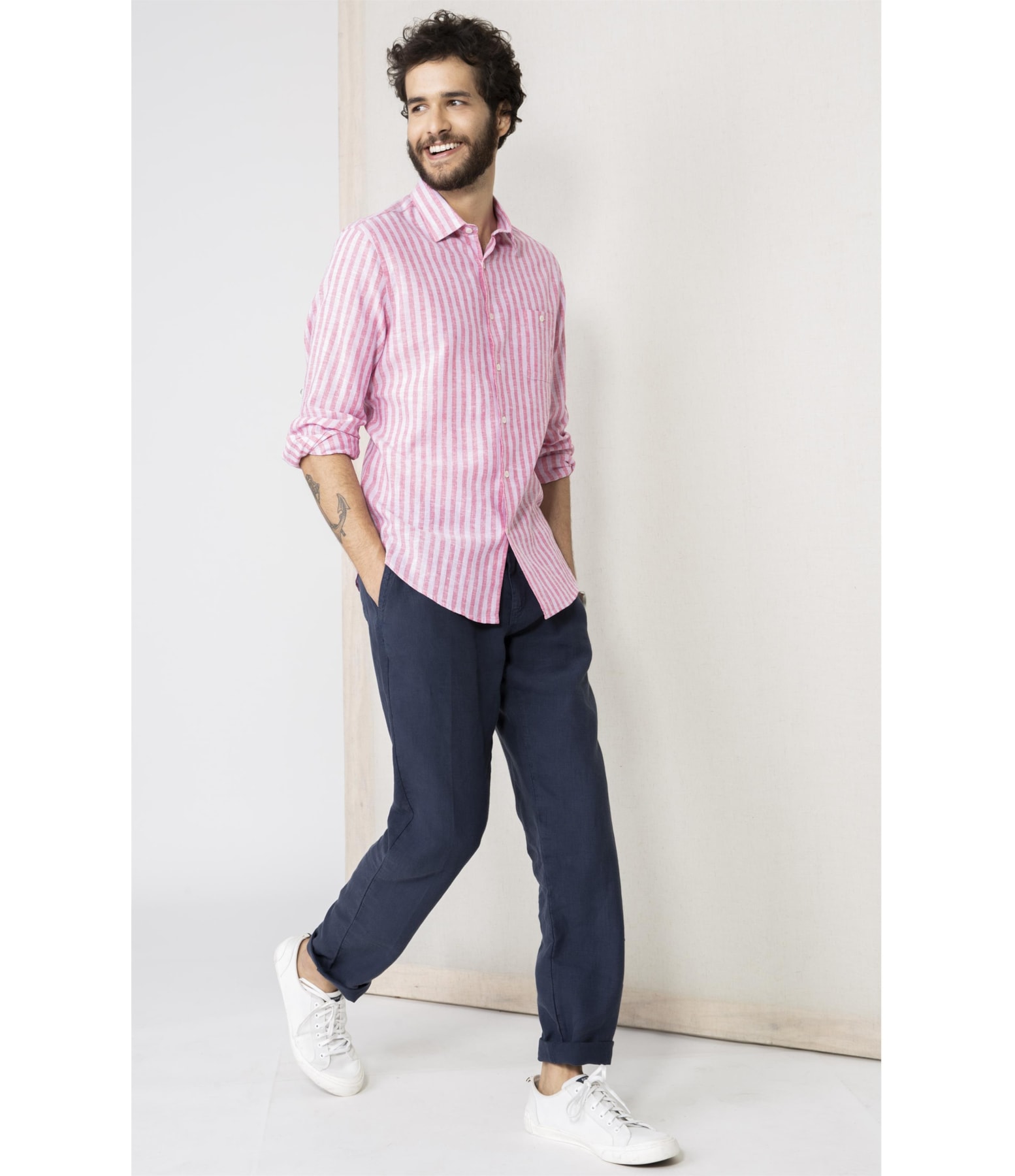 Camisa Linho Com Algodao Listrada Ml Rosa