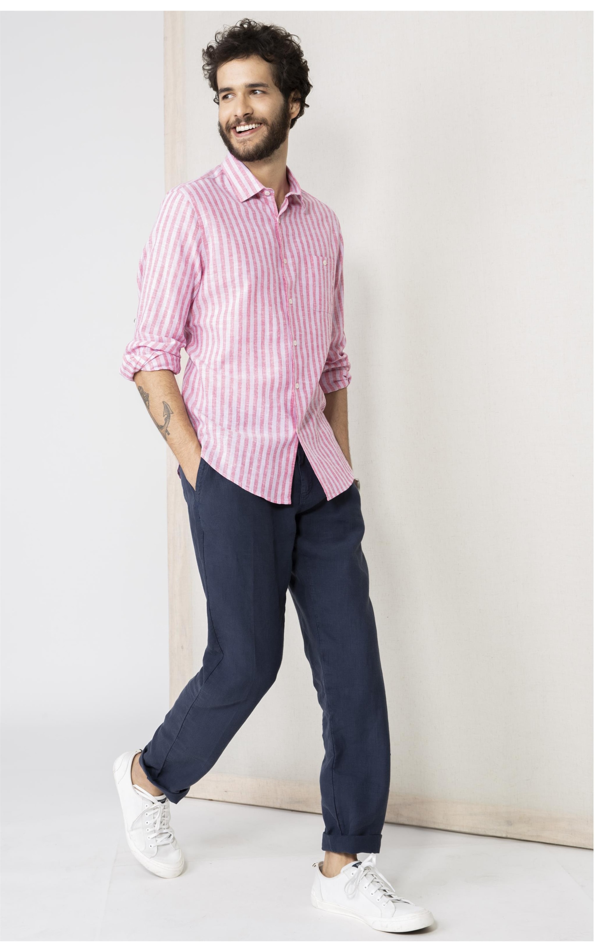 Camisa Linho Com Algodao Listrada Ml Rosa