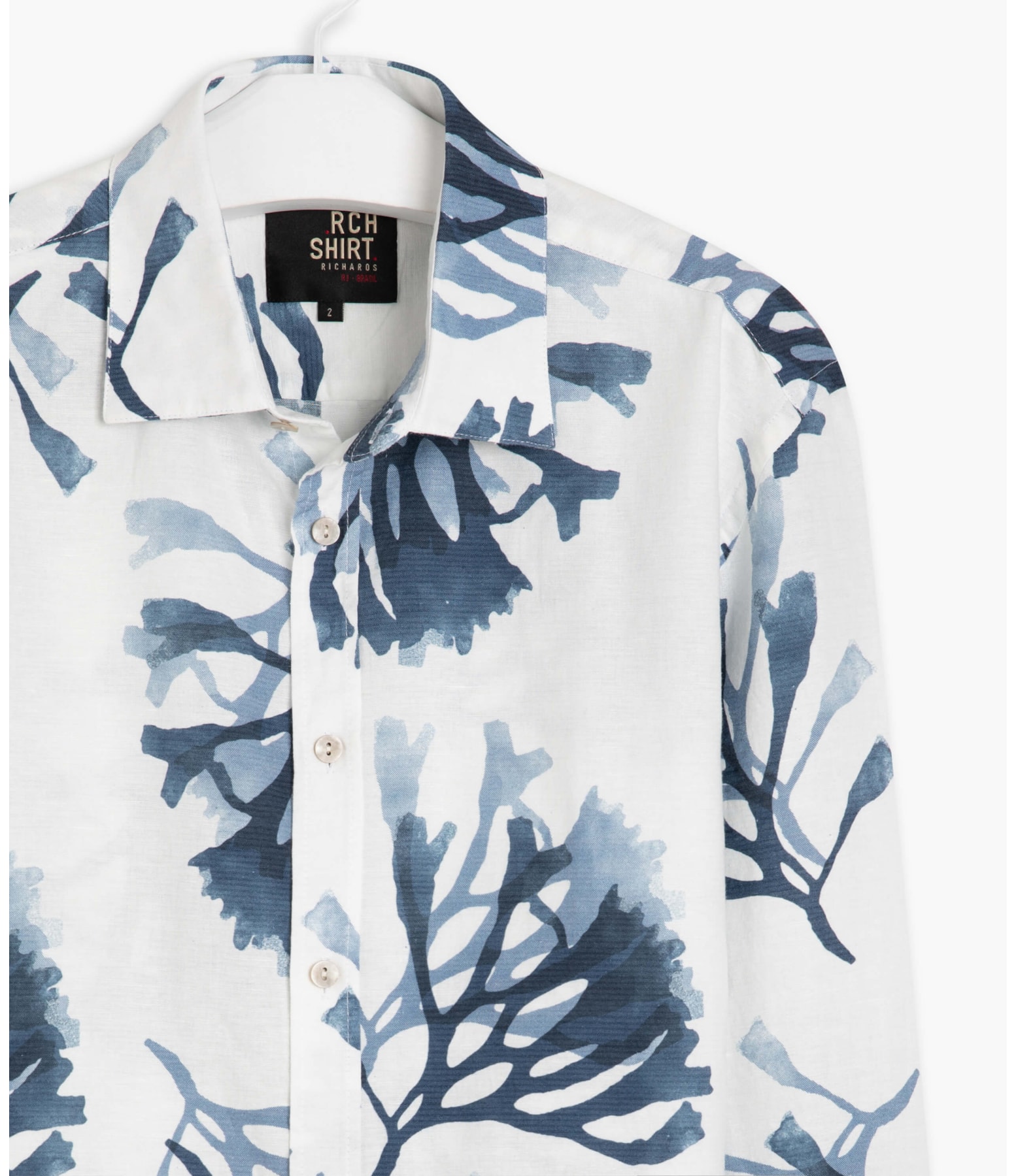 Camisa Linho  Corais Estampada Ml Azul Bic