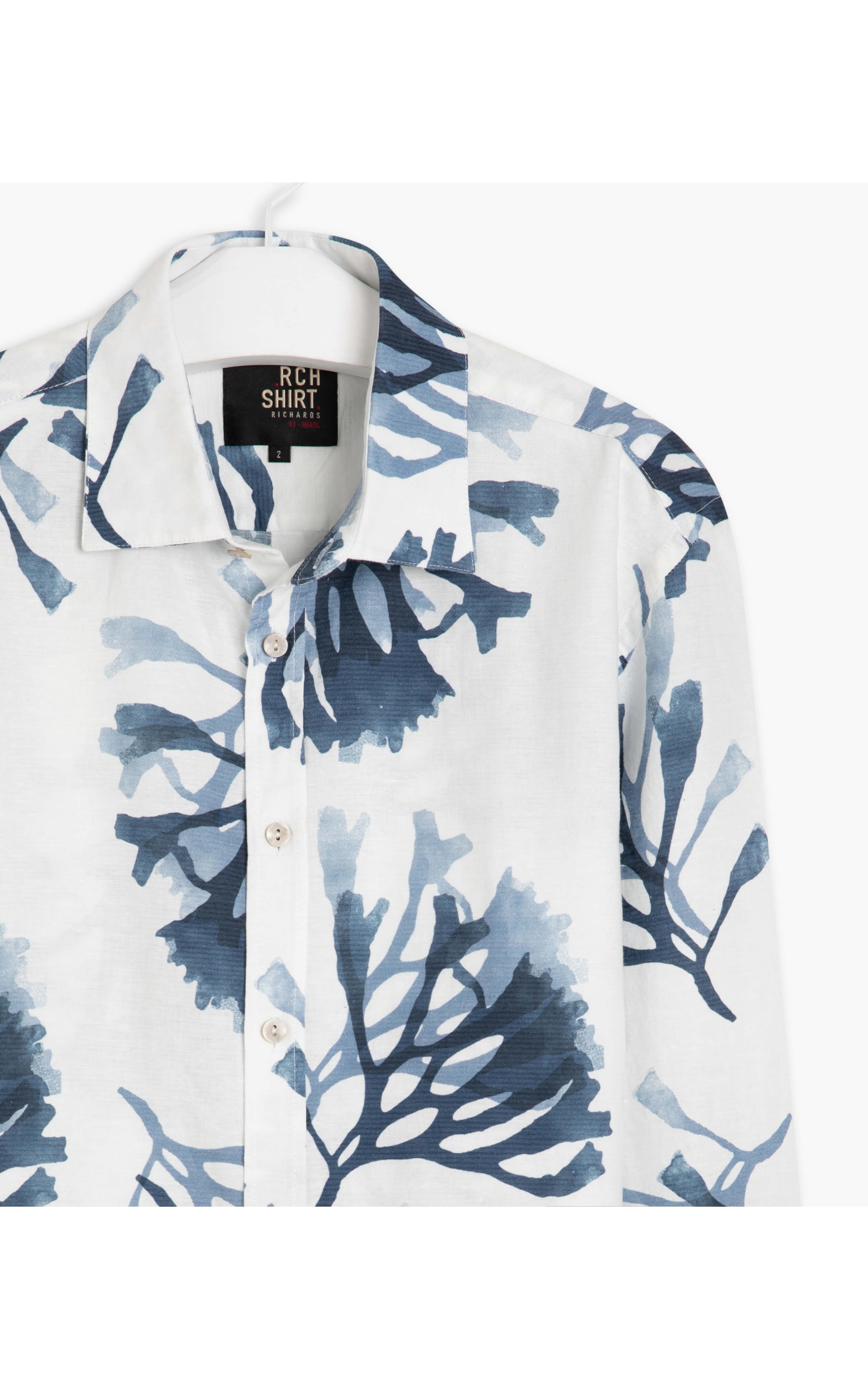 Camisa Linho  Corais Estampada Ml Azul Bic