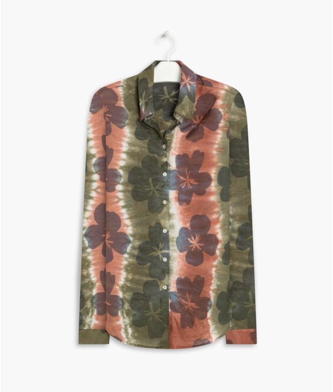 Camisa Linho  Dalia  Tie Dye Flower Verde Militar