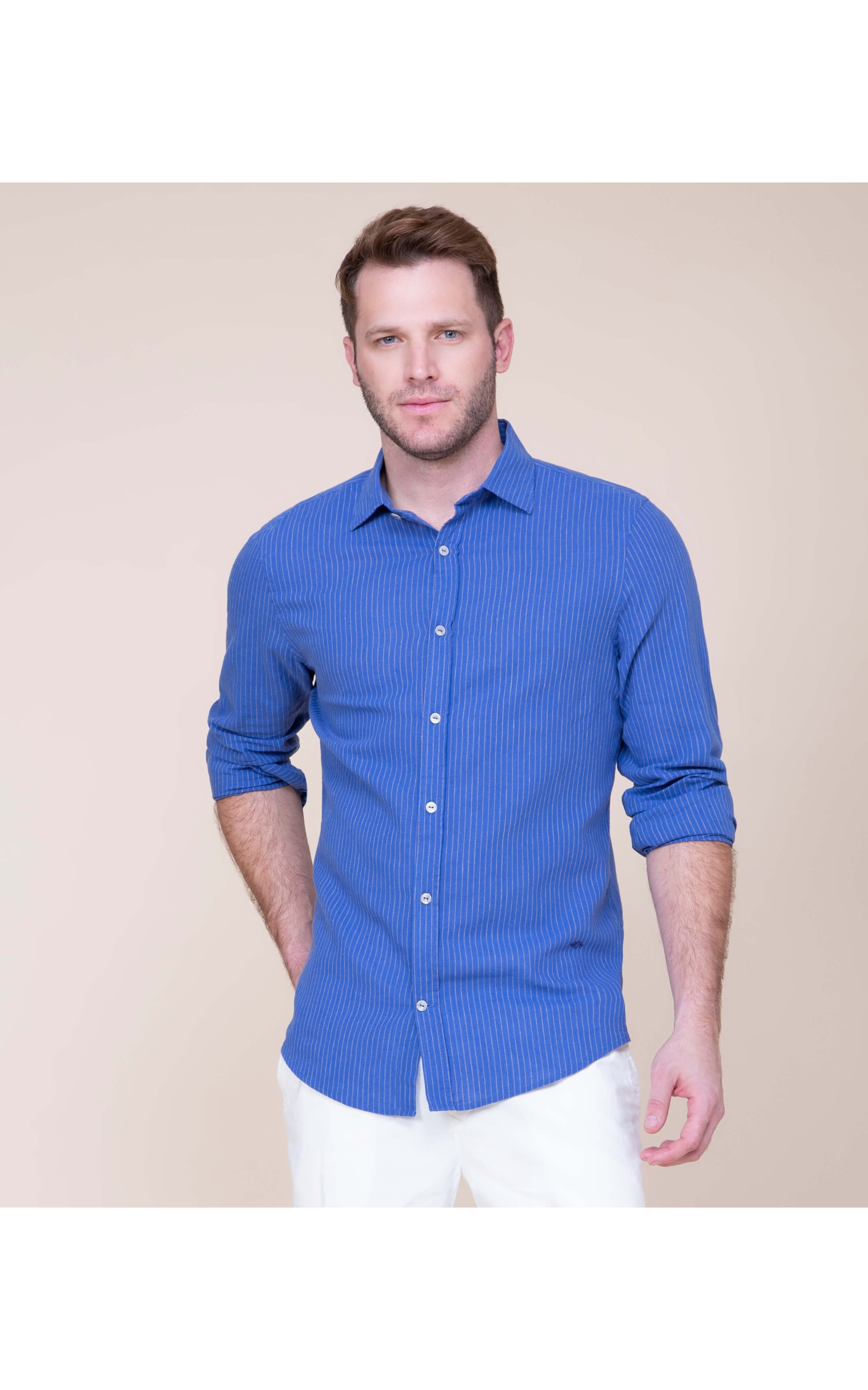 Camisa Linho  Davi Listrada Ml Royal