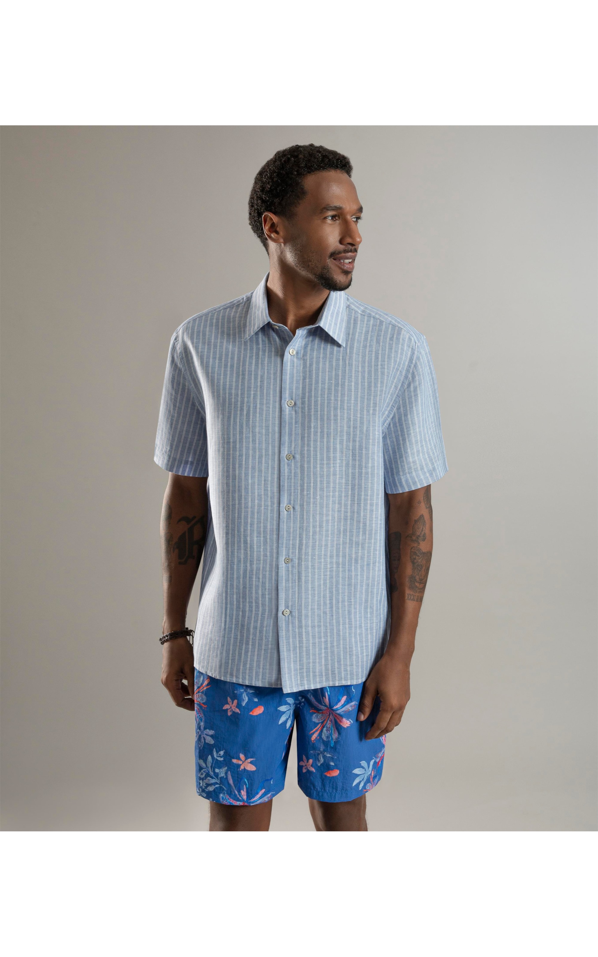 Camisa Linho  Esalen Mc Azul Bic