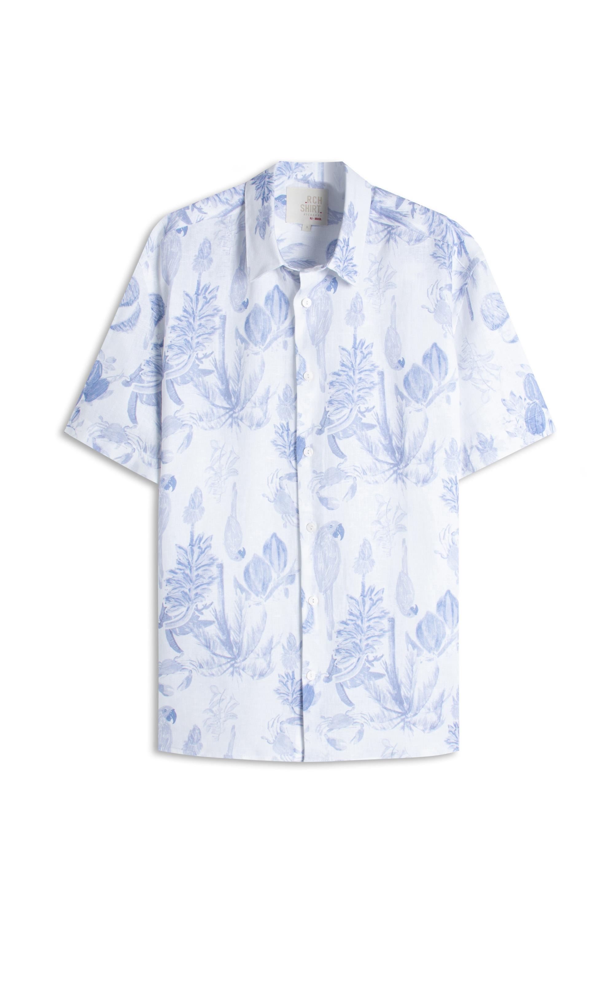 Camisa Linho  Estampada Cacau Mono Mc Azul Pervante