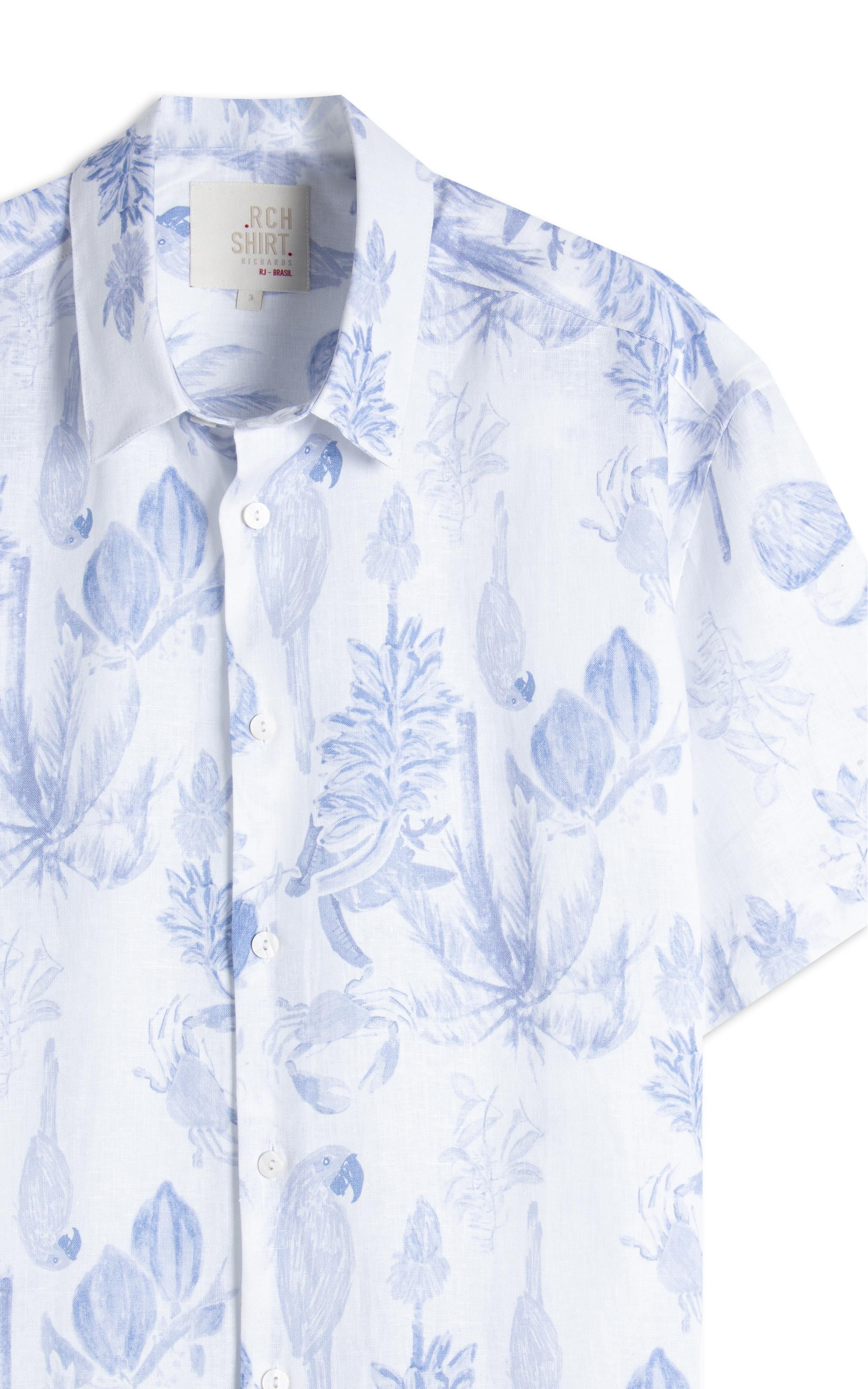 Camisa Linho  Estampada Cacau Mono Mc Azul Pervante