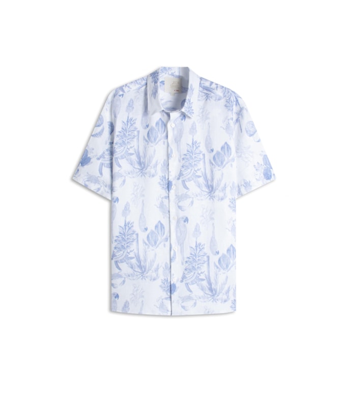 Camisa Linho  Estampada Cacau Mono Mc Azul Pervante