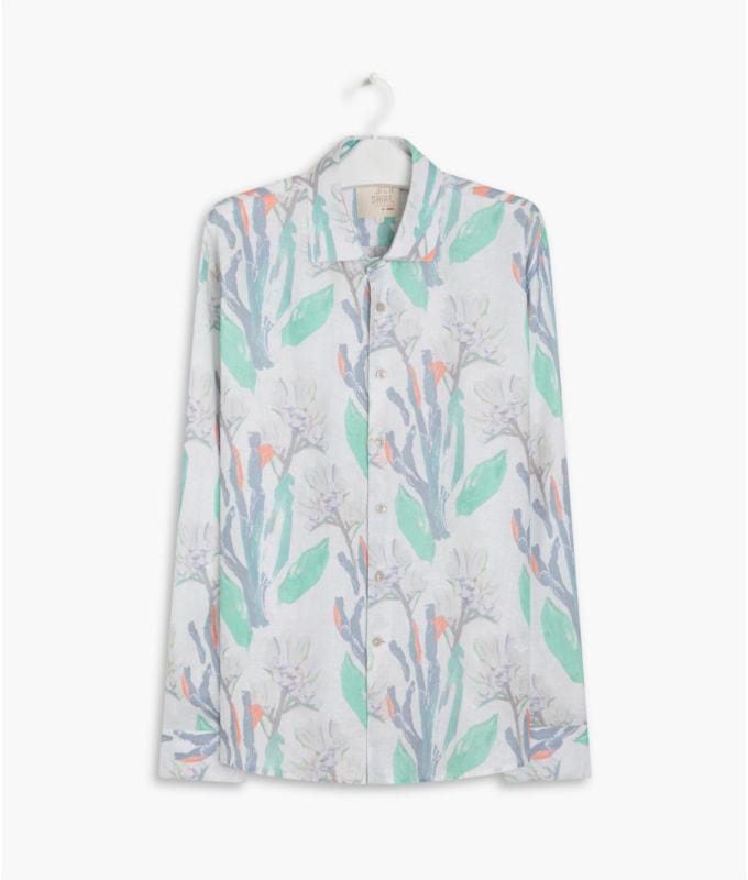 Camisa Linho  Estampada Canvas Flower Ml Off White