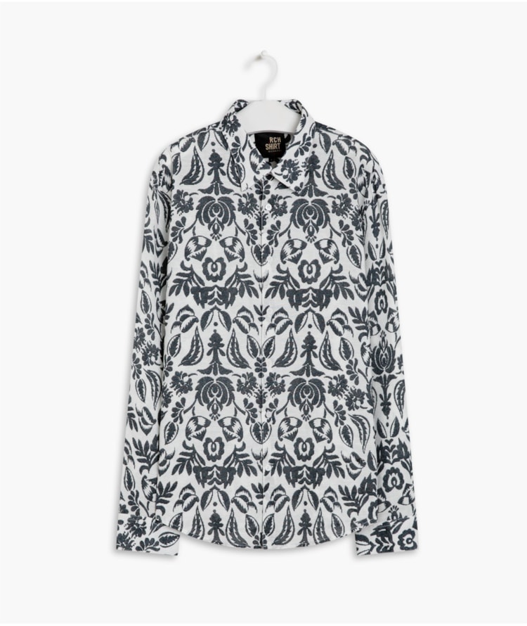 Camisa Linho  Estampada Ikat Ml Marinho
