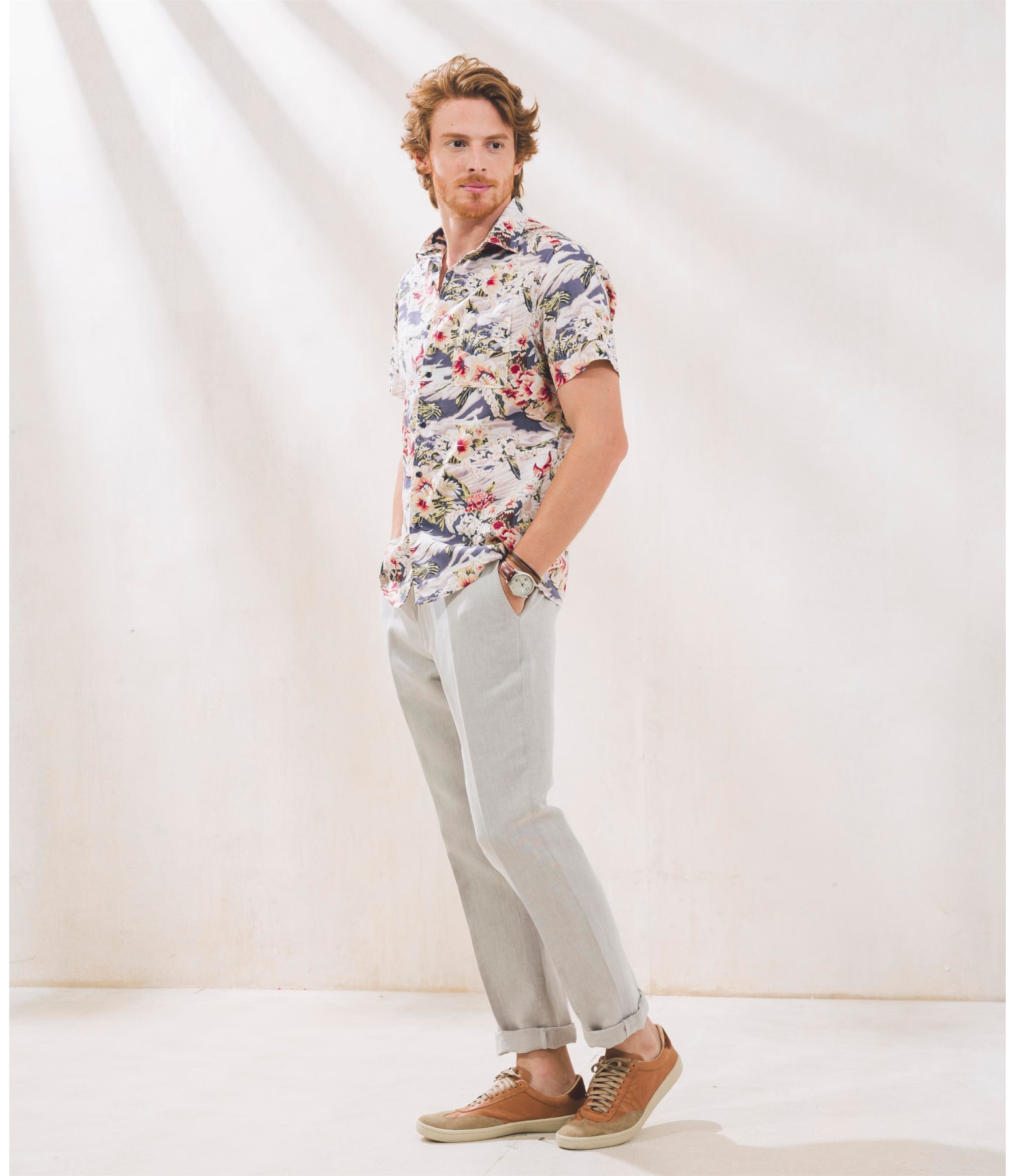 Camisa Linho   Estampada Mc Azul Marinho