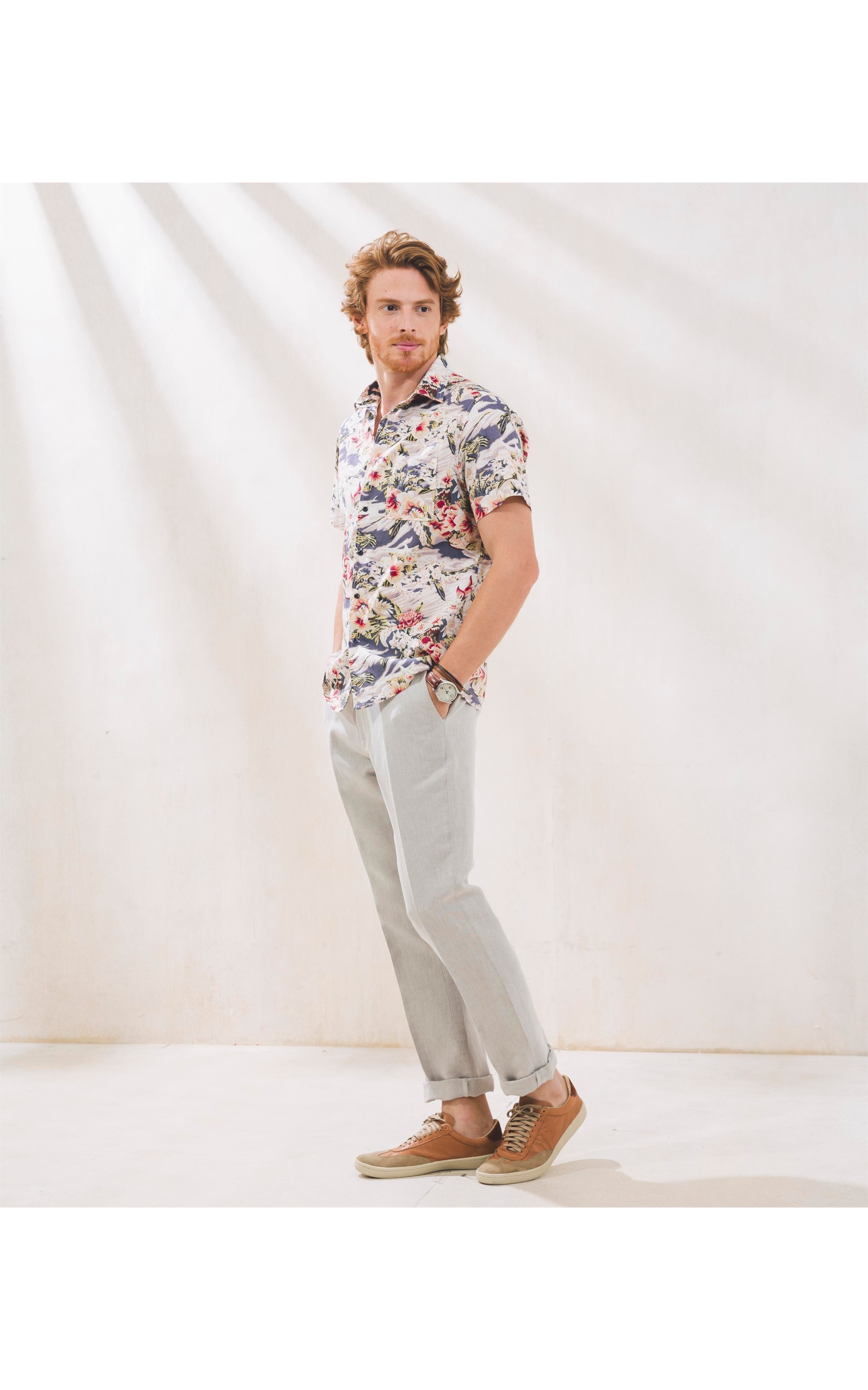 Camisa Linho   Estampada Mc Azul Marinho