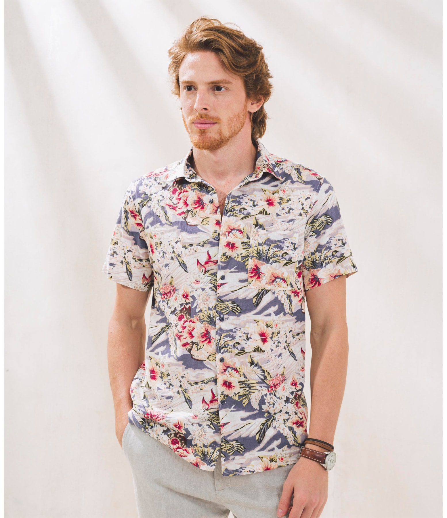 Camisa Linho   Estampada Mc Azul Marinho