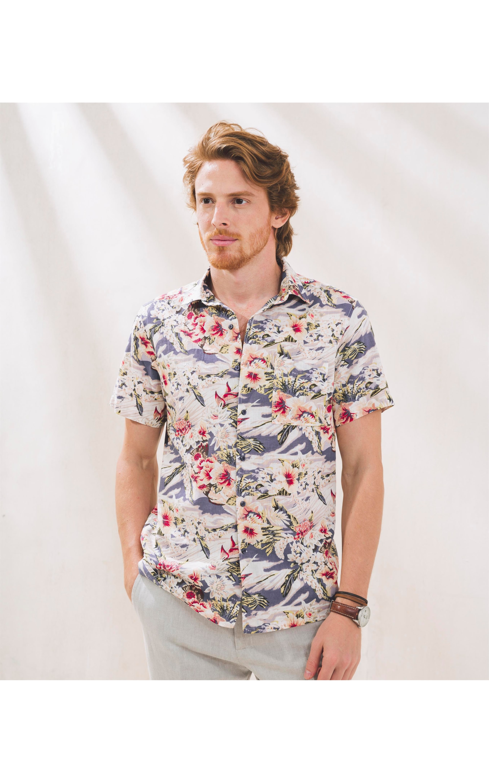 Camisa Linho   Estampada Mc Azul Marinho
