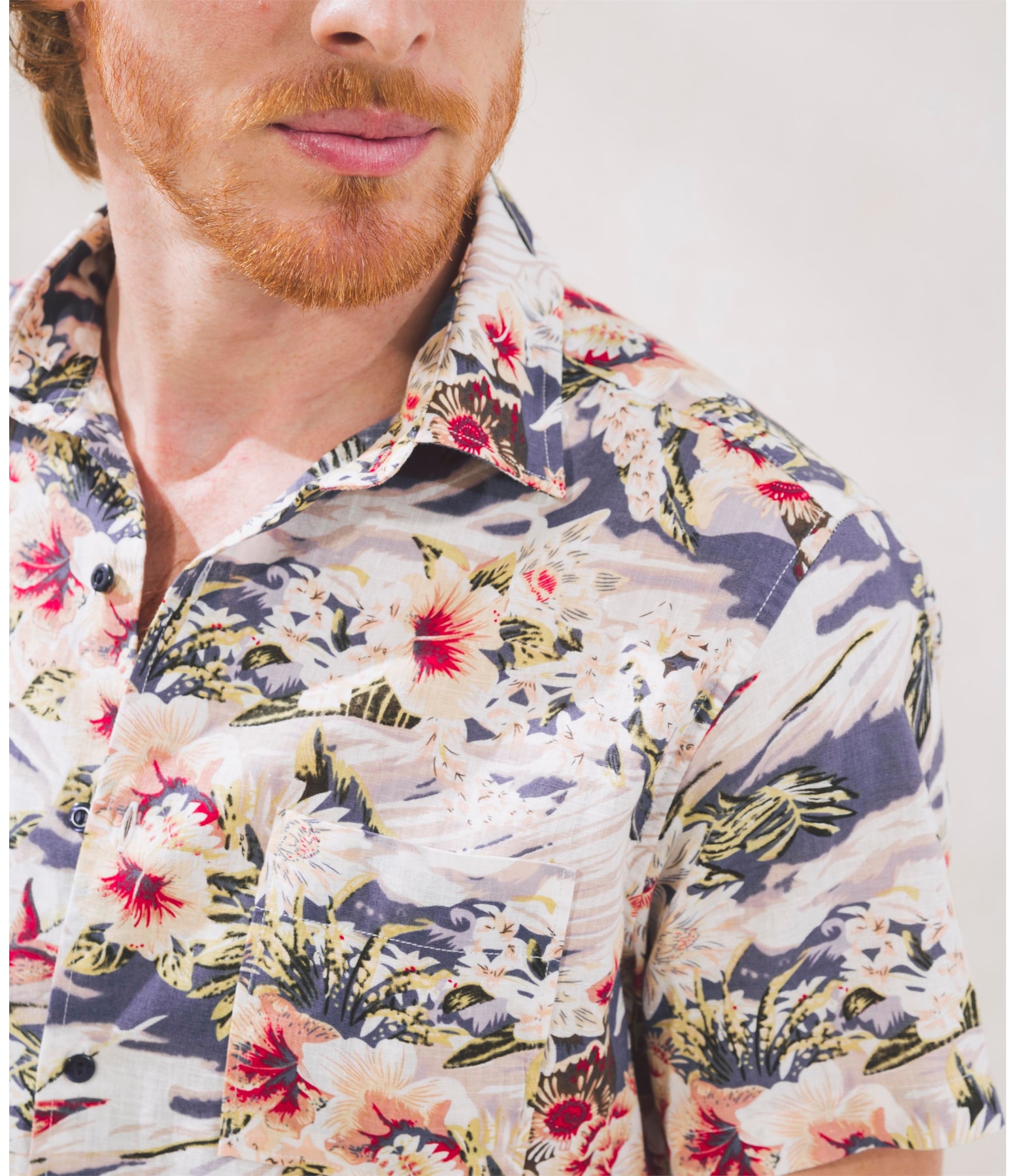 Camisa Linho   Estampada Mc Azul Marinho