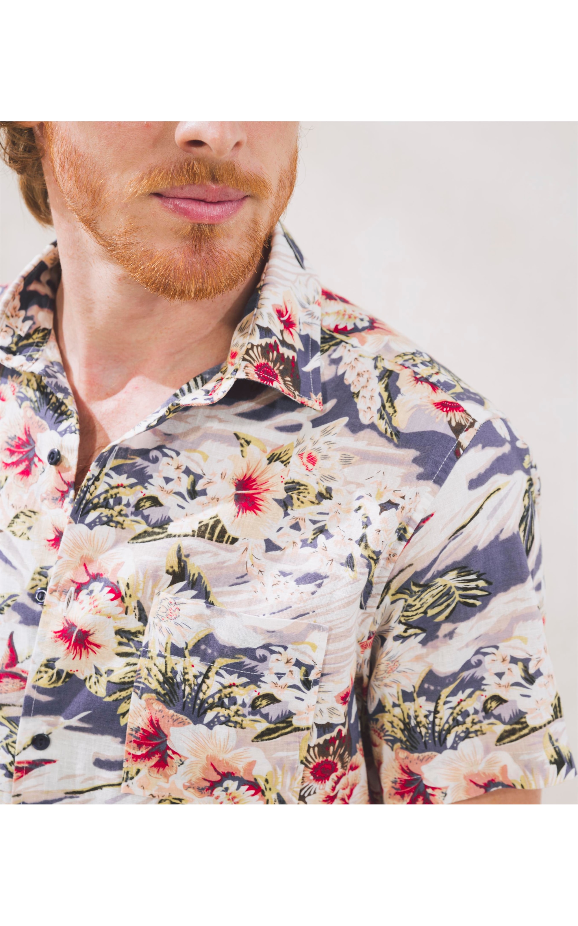 Camisa Linho   Estampada Mc Azul Marinho