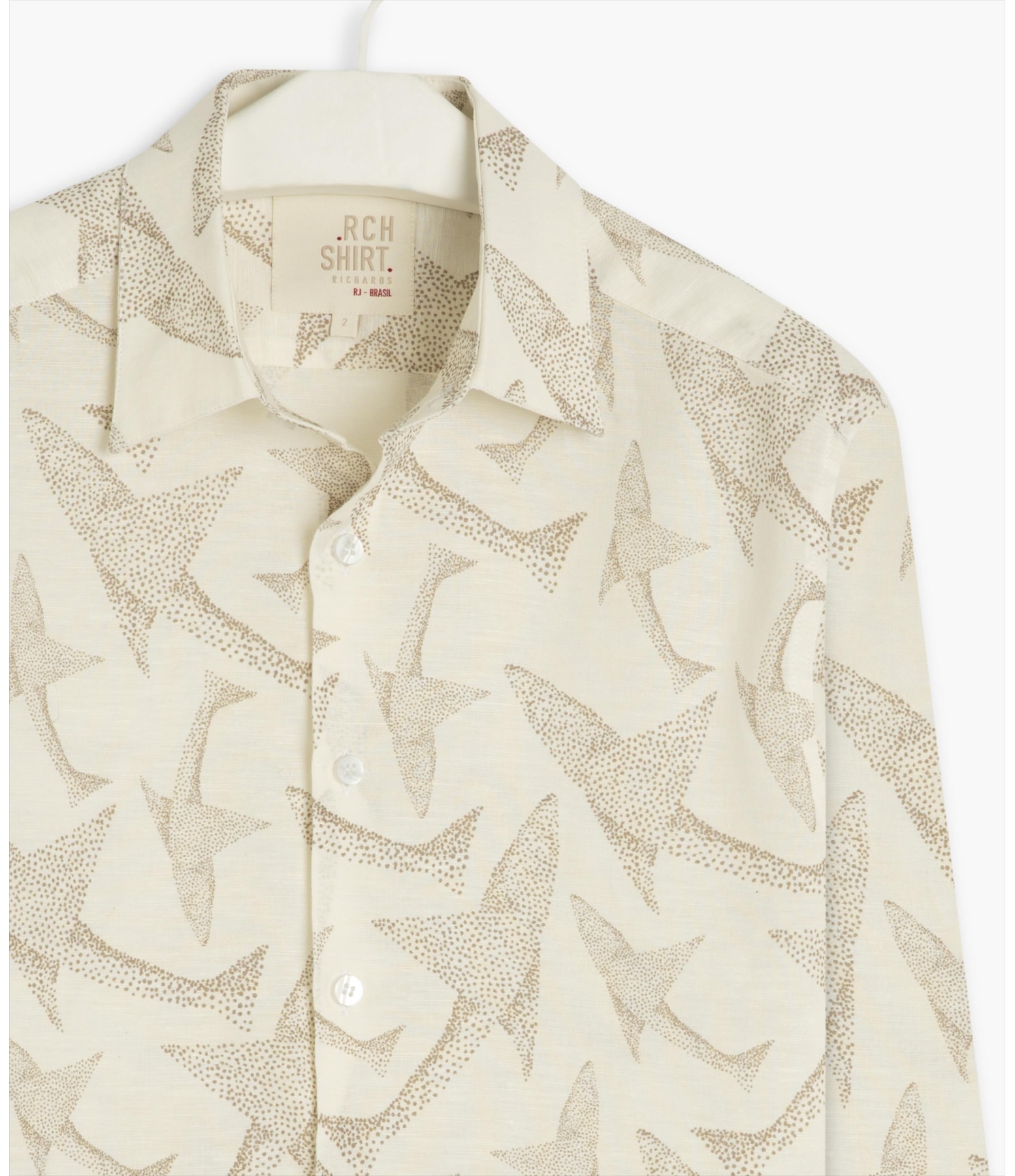 Camisa  Linho Estampada Peixe Point Ml Caqui