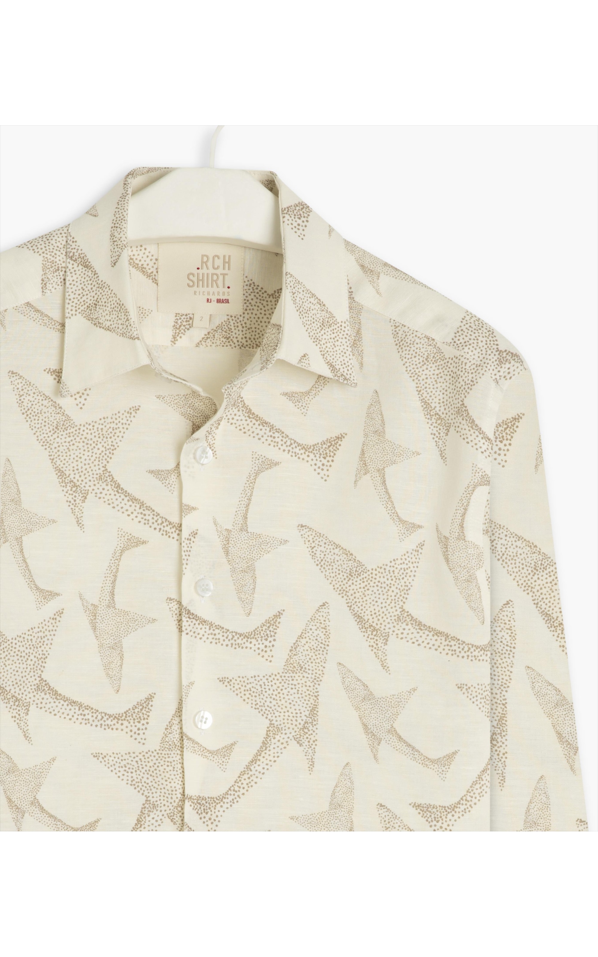 Camisa  Linho Estampada Peixe Point Ml Caqui