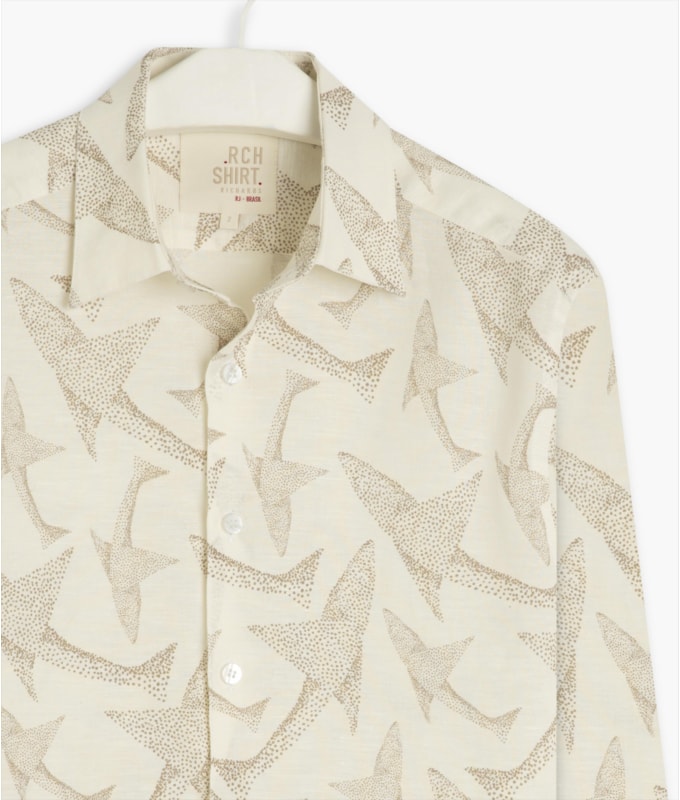 Camisa  Linho Estampada Peixe Point Ml Caqui