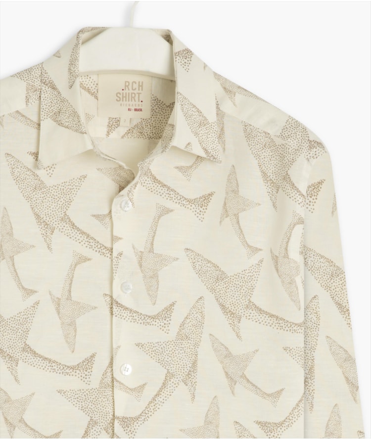 Camisa  Linho Estampada Peixe Point Ml Caqui