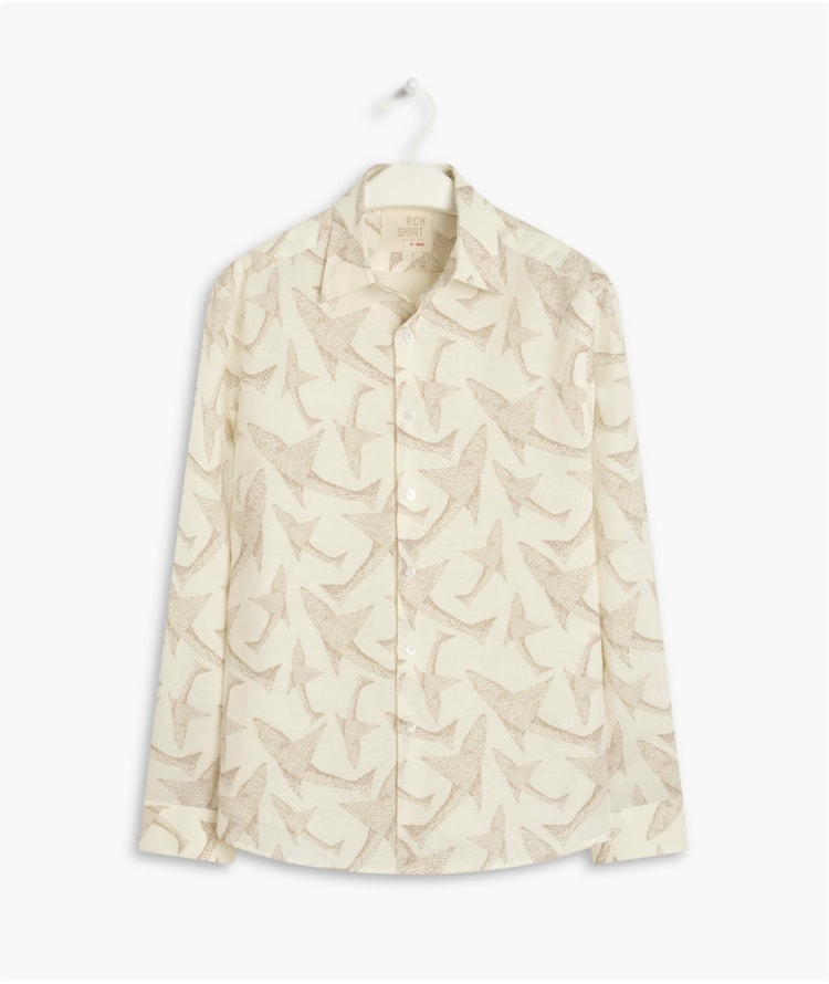 Camisa  Linho Estampada Peixe Point Ml Caqui