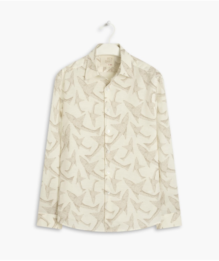 Camisa  Linho Estampada Peixe Point Ml Caqui