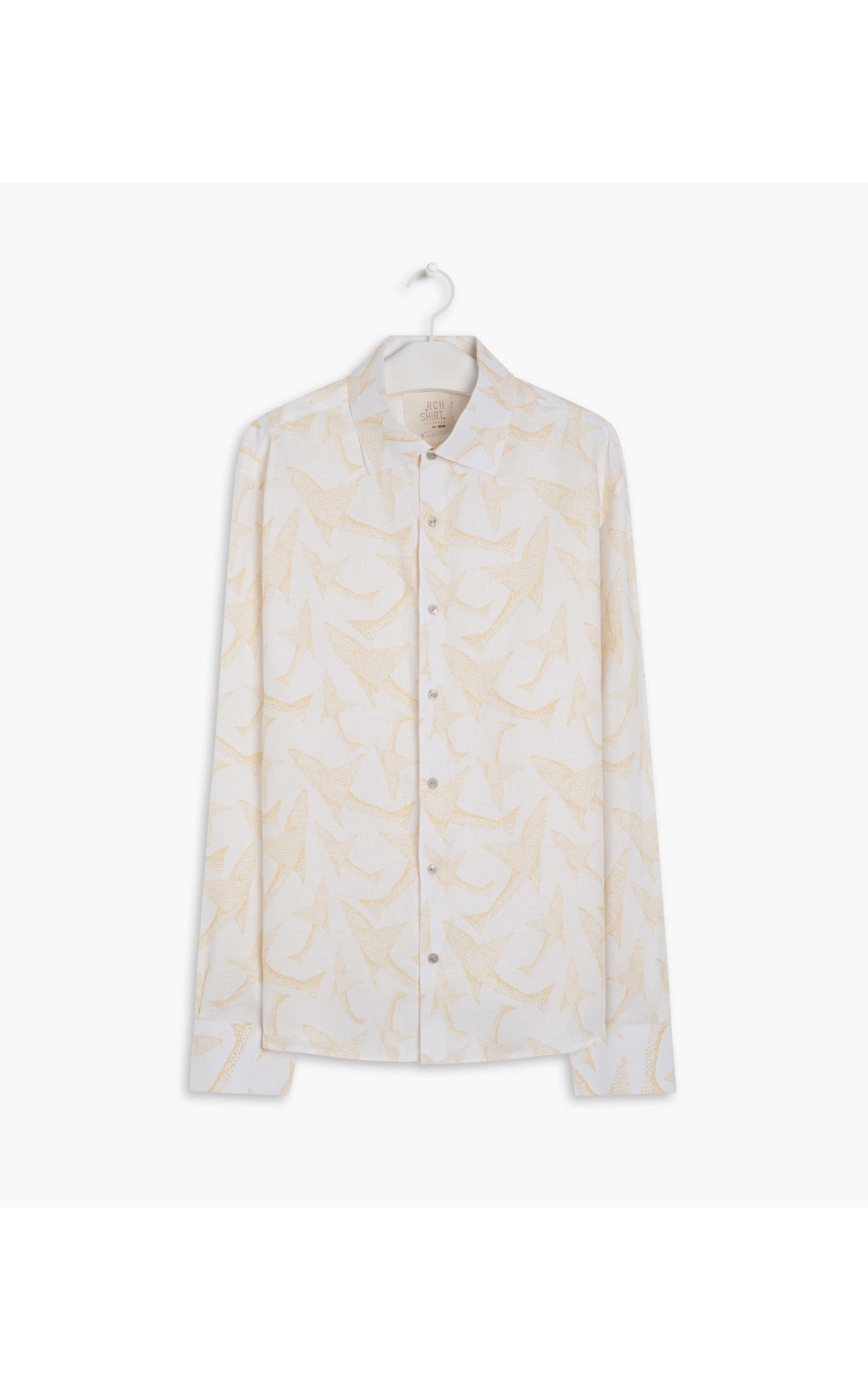 Camisa  Linho Estampada Peixe Point Ml Mostarda