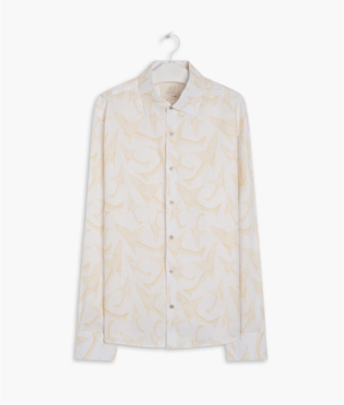Camisa  Linho Estampada Peixe Point Ml Mostarda
