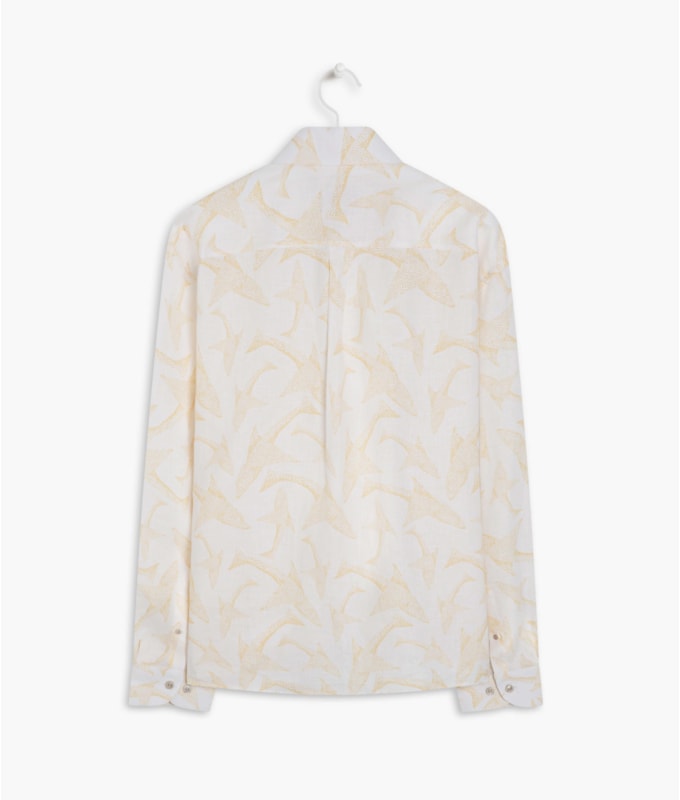 Camisa  Linho Estampada Peixe Point Ml Mostarda