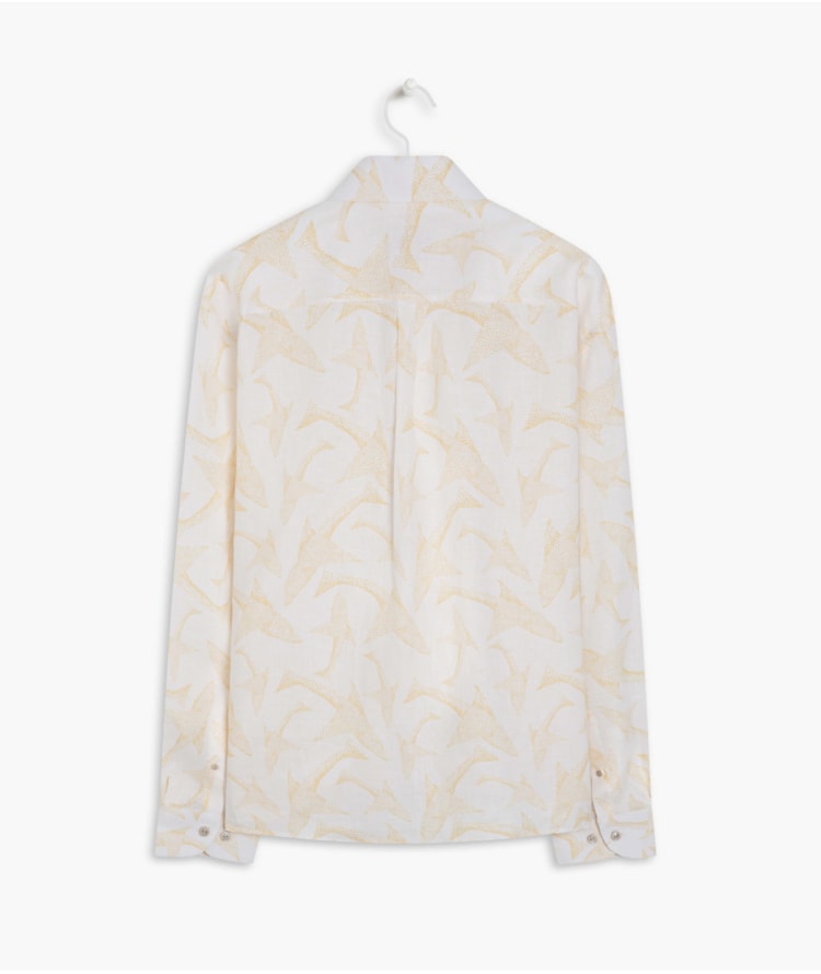 Camisa  Linho Estampada Peixe Point Ml Mostarda
