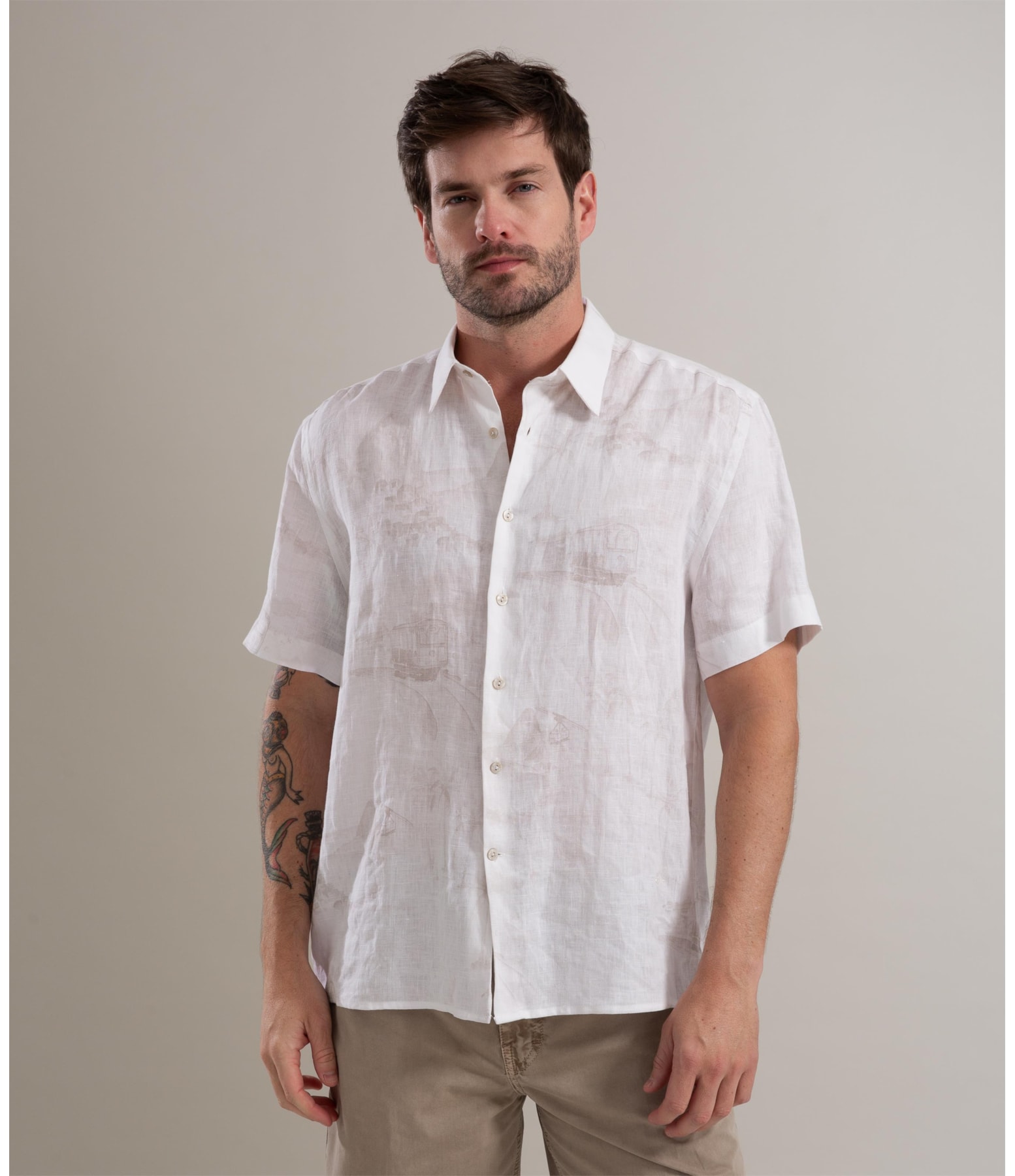 Camisa Linho  Estampado Carnival Mc Cinza Claro